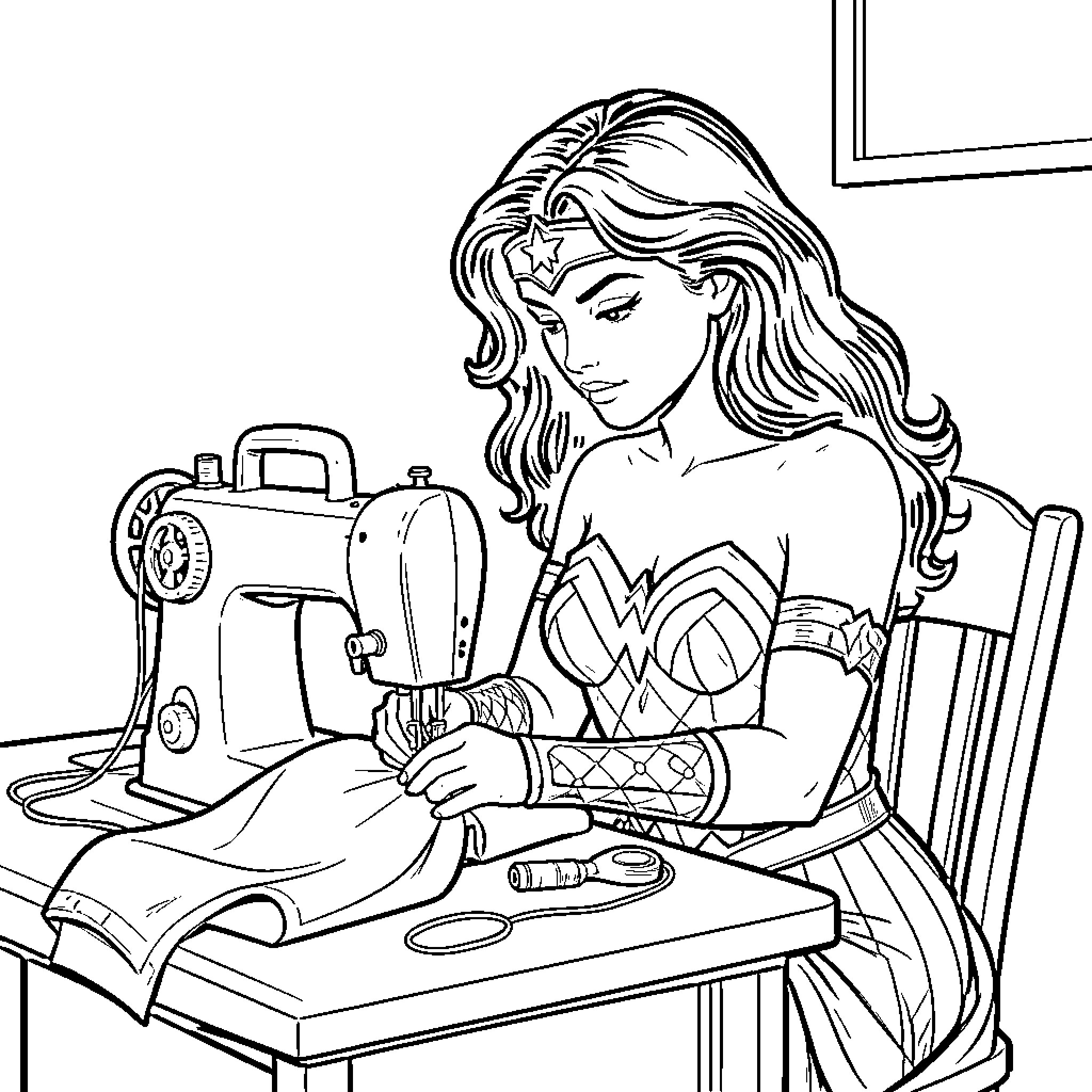 Wonder Woman focused on sewing at a machine Coloring Page (free black-and-white line drawing printable PDF for all, from beginners to advanced learners, including children, teens, adults, and seniors)