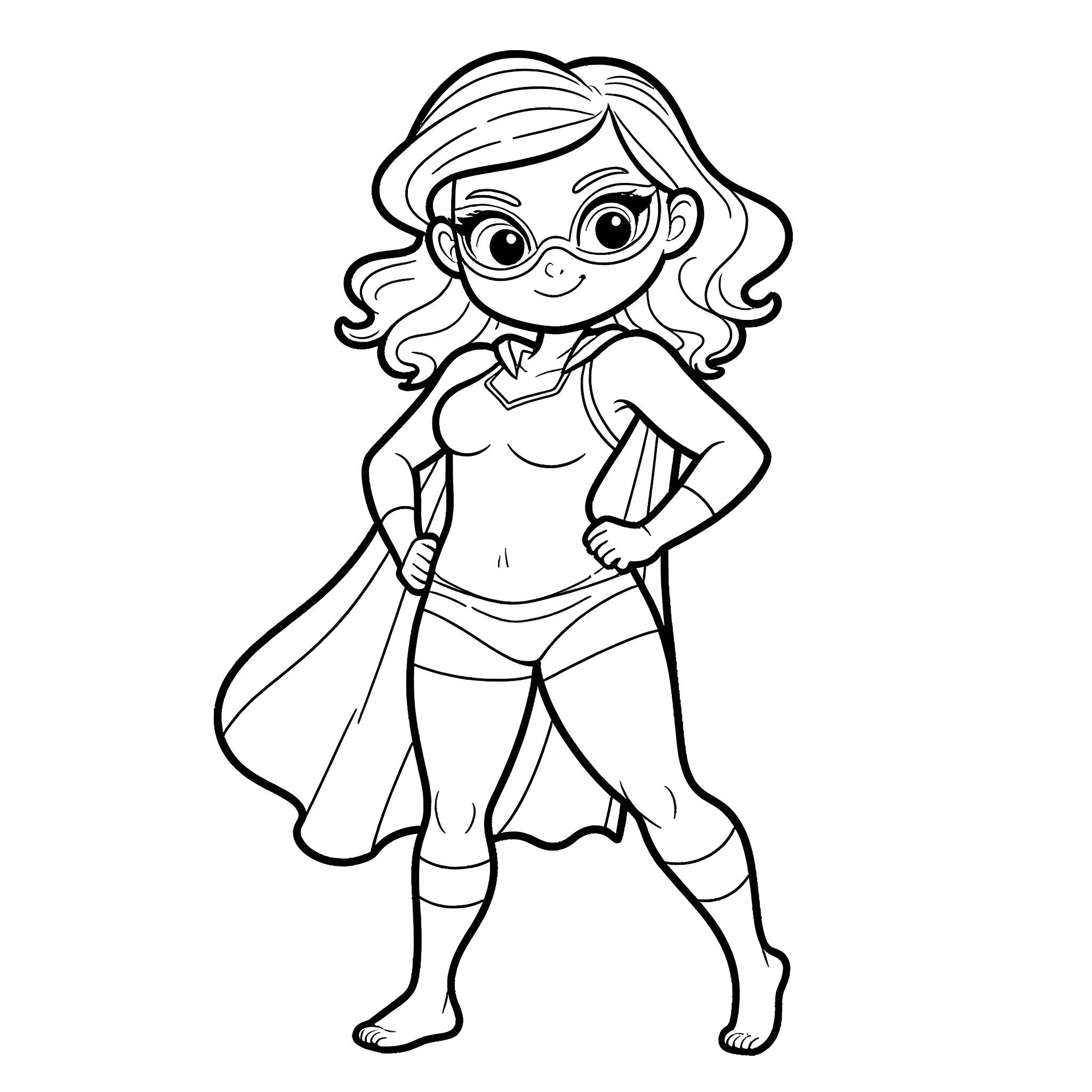 Super Girl in Confident Superhero Pose Coloring Page (free black-and-white line drawing printable PDF for all, from beginners to advanced learners, including children, teens, adults, and seniors)