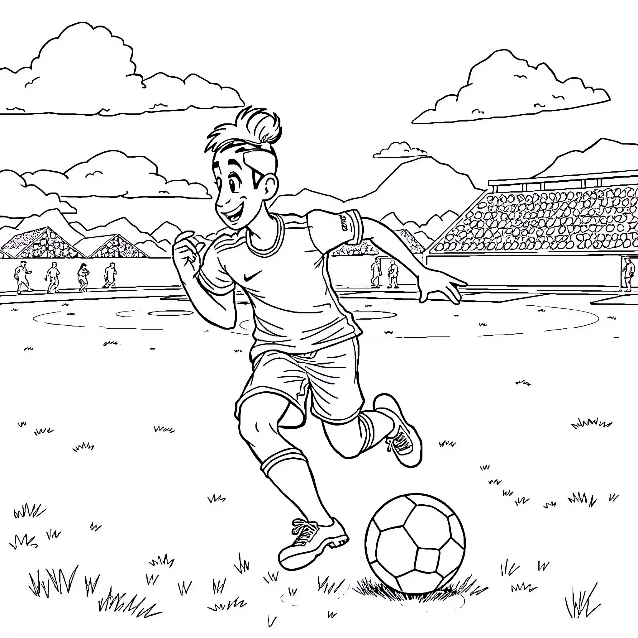 Diego Luna playfully kicking a soccer ball on the field Coloring Page (free black-and-white line drawing printable PDF for all, from beginners to advanced learners, including children, teens, adults, and seniors)
