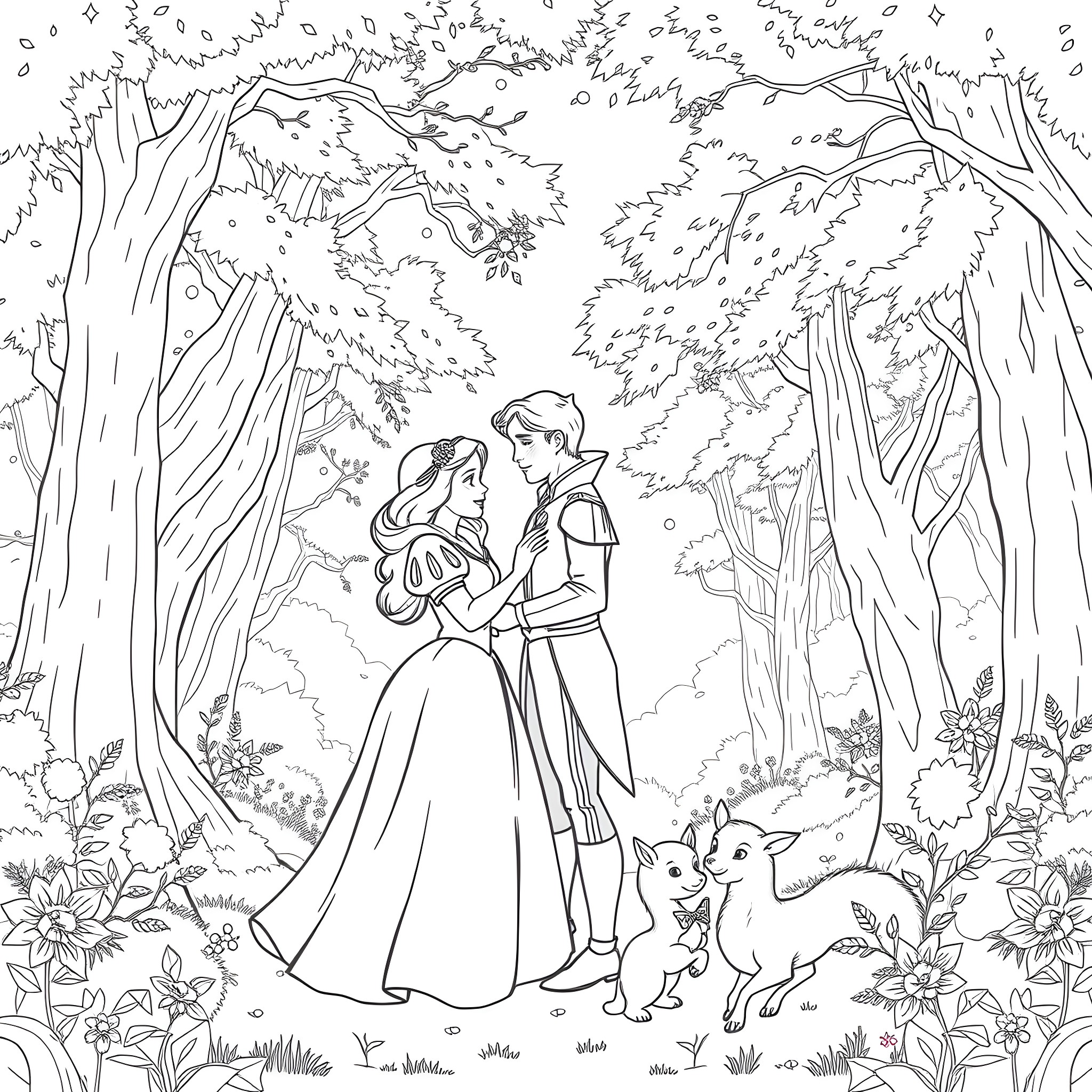 Snow White and the Prince in the enchanted forest Coloring Page (free black-and-white line drawing printable PDF for all, from beginners to advanced learners, including children, teens, adults, and seniors)