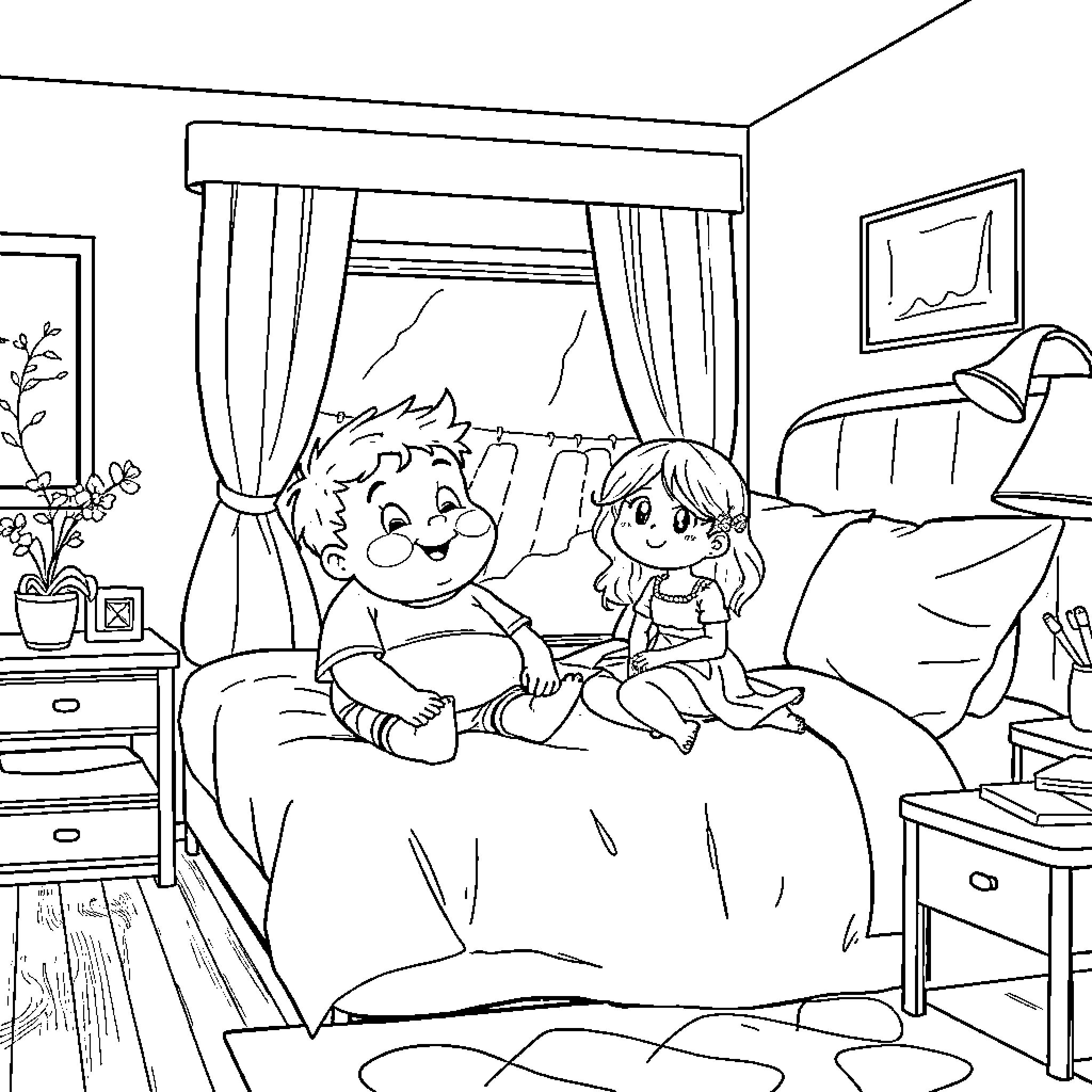 Boy and Girl Relaxing in Bedroom Coloring Page (free black-and-white line drawing printable PDF for all, from beginners to advanced learners, including children, teens, adults, and seniors)
