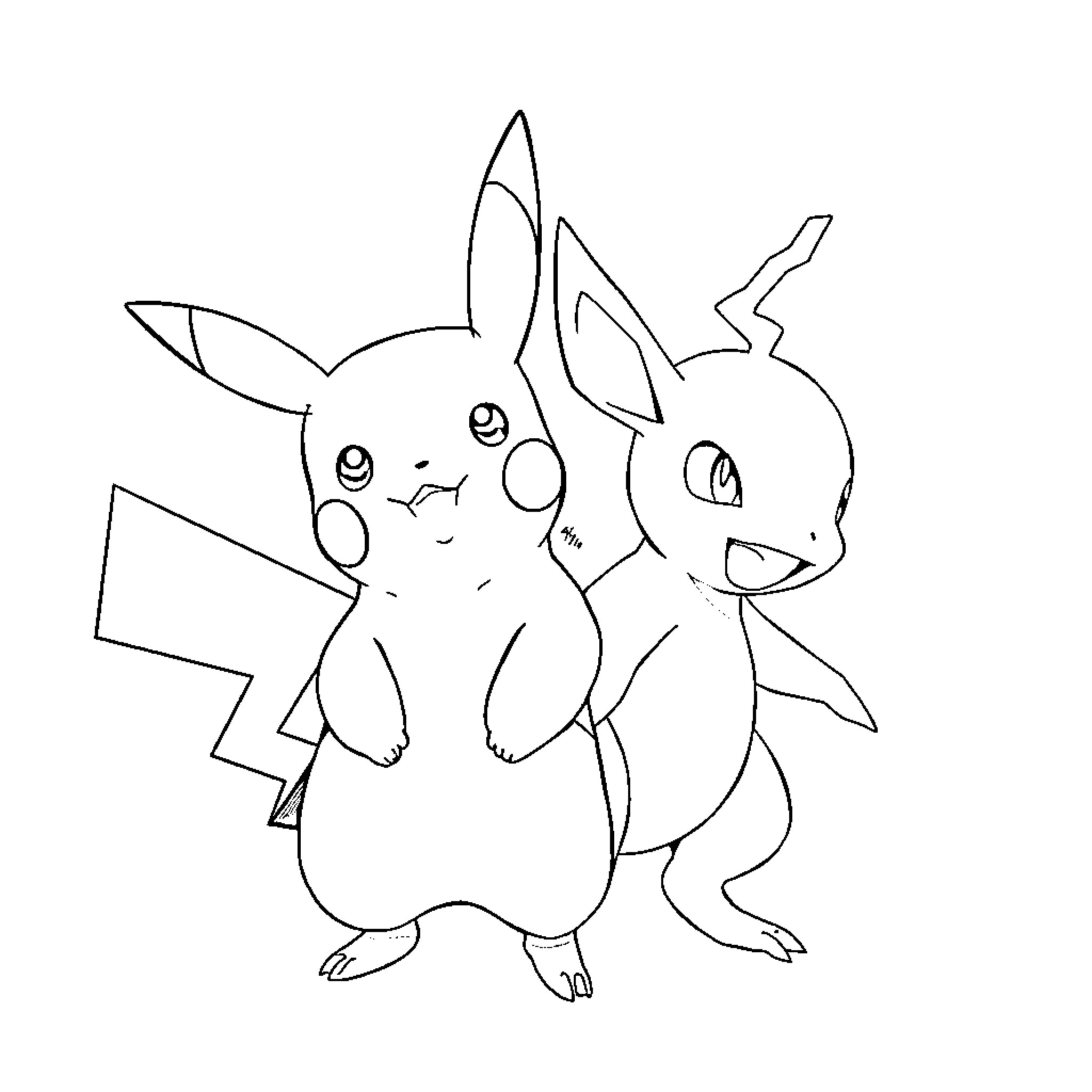 Pikachu and Eevee playing together happily Coloring Page (free black-and-white line drawing printable PDF for all, from beginners to advanced learners, including children, teens, adults, and seniors)