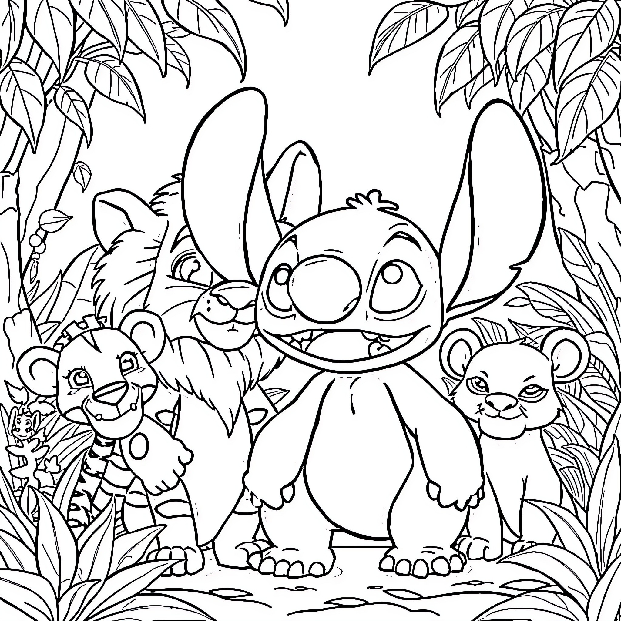 Stitch and friends explore the jungle Coloring Page (free black-and-white line drawing printable PDF for all, from beginners to advanced learners, including children, teens, adults, and seniors)