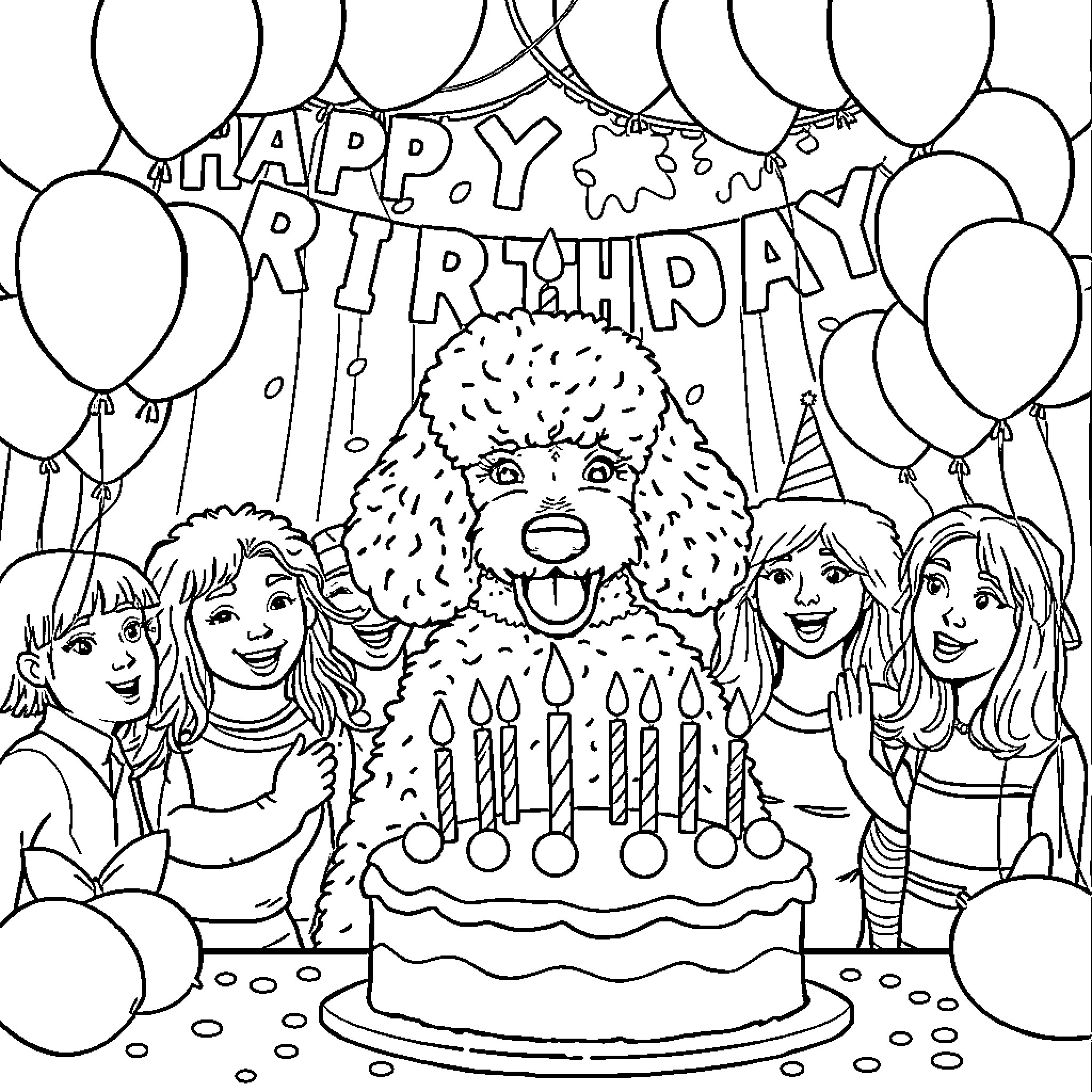Poodle Celebrates Happy Birthday with Friends Coloring Page (free black-and-white line drawing printable PDF for all, from beginners to advanced learners, including children, teens, adults, and seniors)