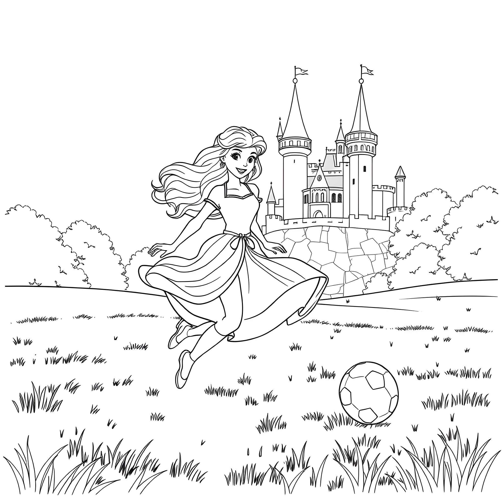 Princess playing joyfully in the castle grounds Coloring Page (free black-and-white line drawing printable PDF for all, from beginners to advanced learners, including children, teens, adults, and seniors)