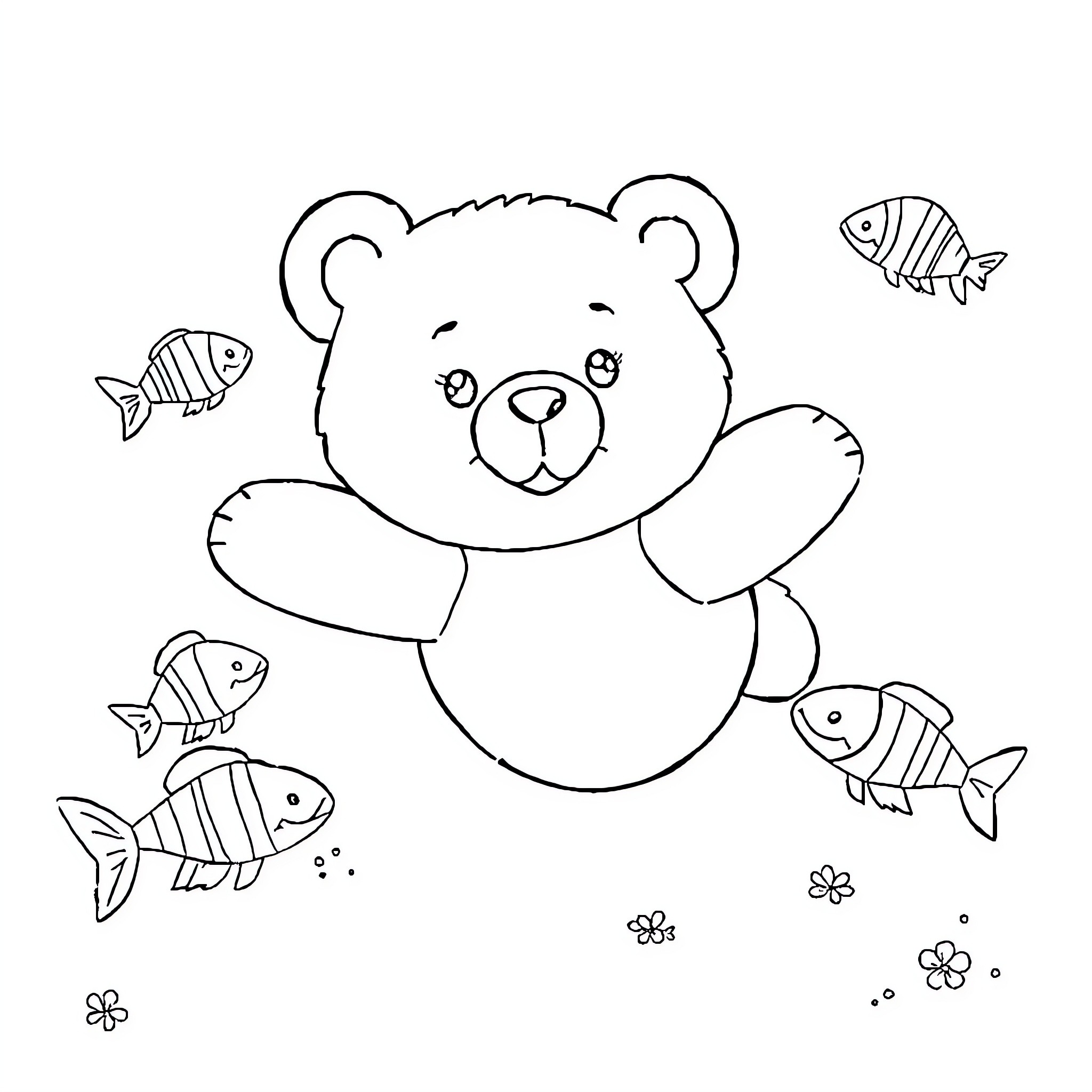 Teddy Bear Surrounded by Playful Fish Coloring Page (free black-and-white line drawing printable PDF for all, from beginners to advanced learners, including children, teens, adults, and seniors)