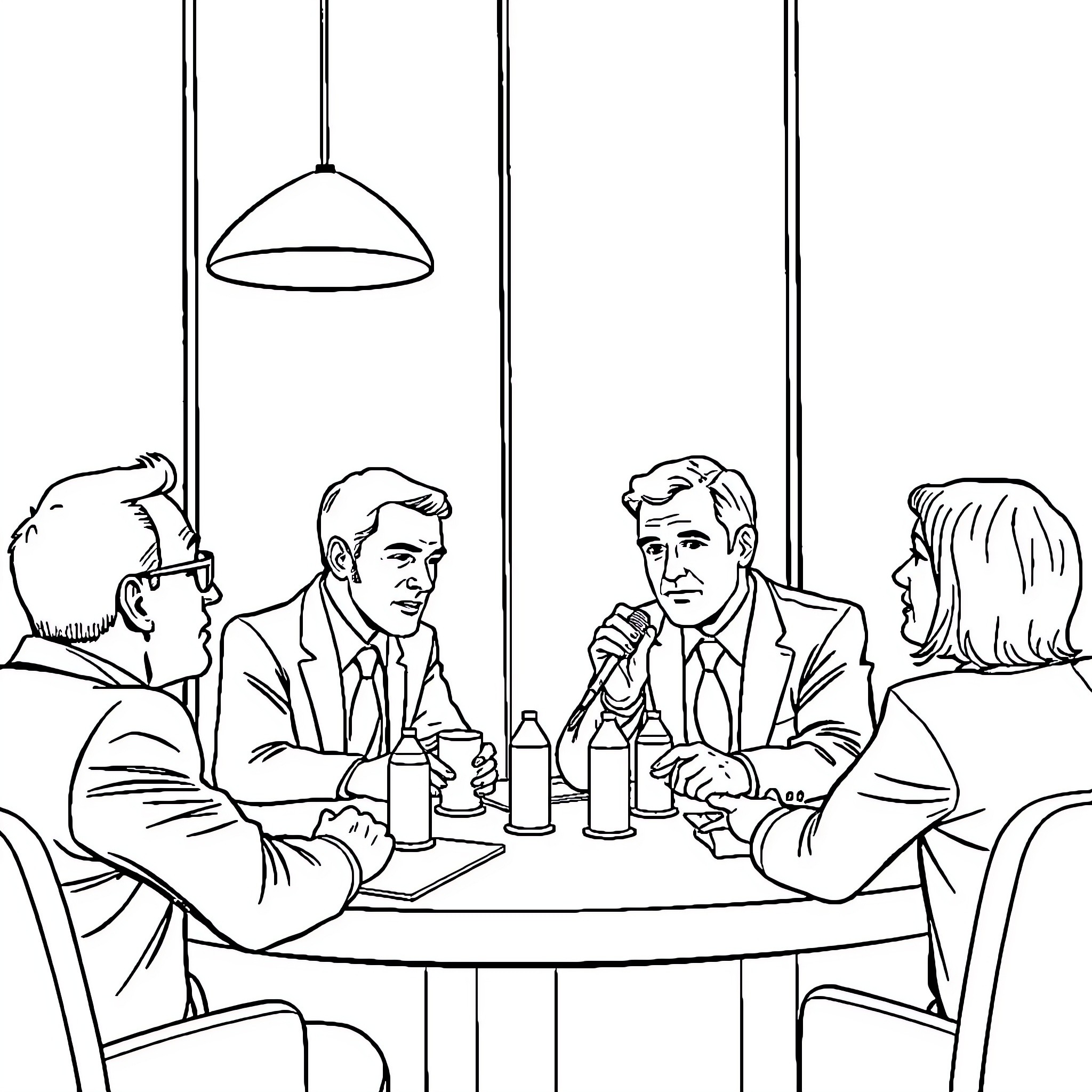 Politician Discussing Policy with Colleagues at Meeting Coloring Page (free black-and-white line drawing printable PDF for all, from beginners to advanced learners, including children, teens, adults, and seniors)