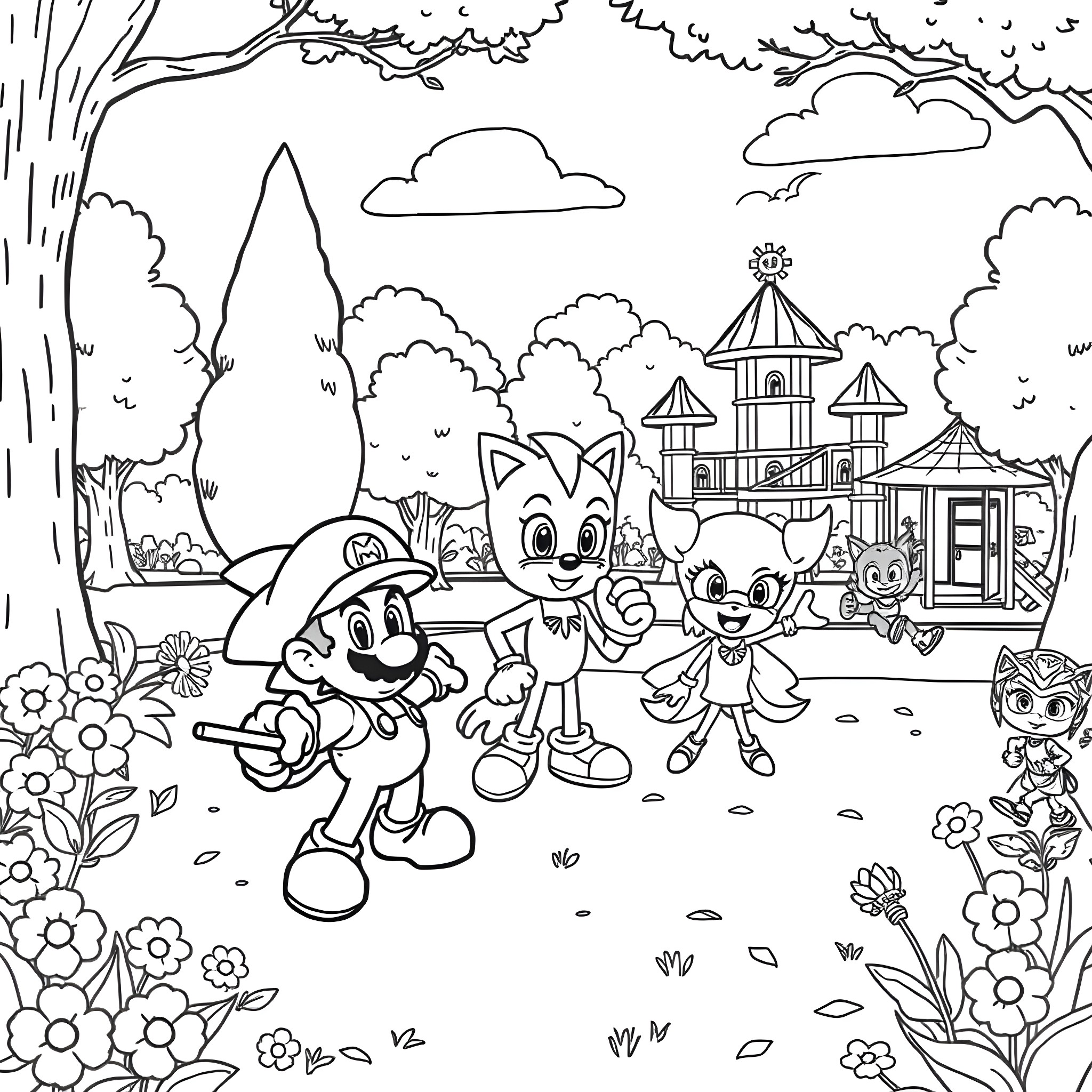 Super Mario and friends exploring a magical village Coloring Page (free black-and-white line drawing printable PDF for all, from beginners to advanced learners, including children, teens, adults, and seniors)