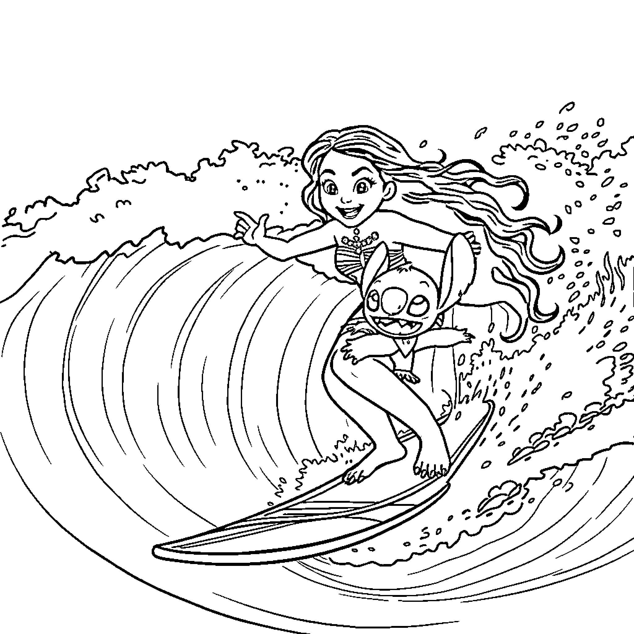 Moana surfing the waves with Pua Coloring Page (free black-and-white line drawing printable PDF for all, from beginners to advanced learners, including children, teens, adults, and seniors)