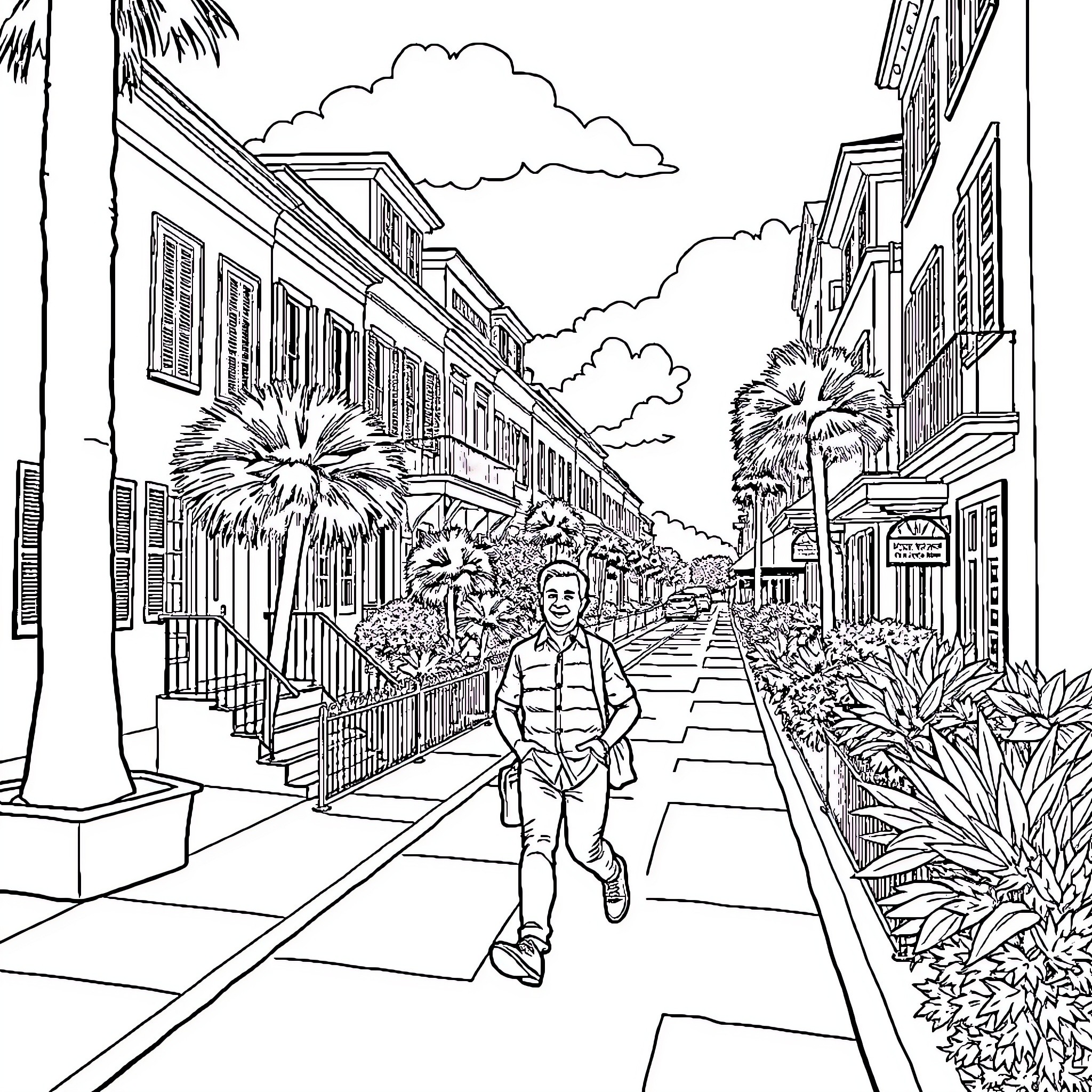 Joe Riley Walks Along the Vibrant City Street Coloring Page (free black-and-white line drawing printable PDF for all, from beginners to advanced learners, including children, teens, adults, and seniors)
