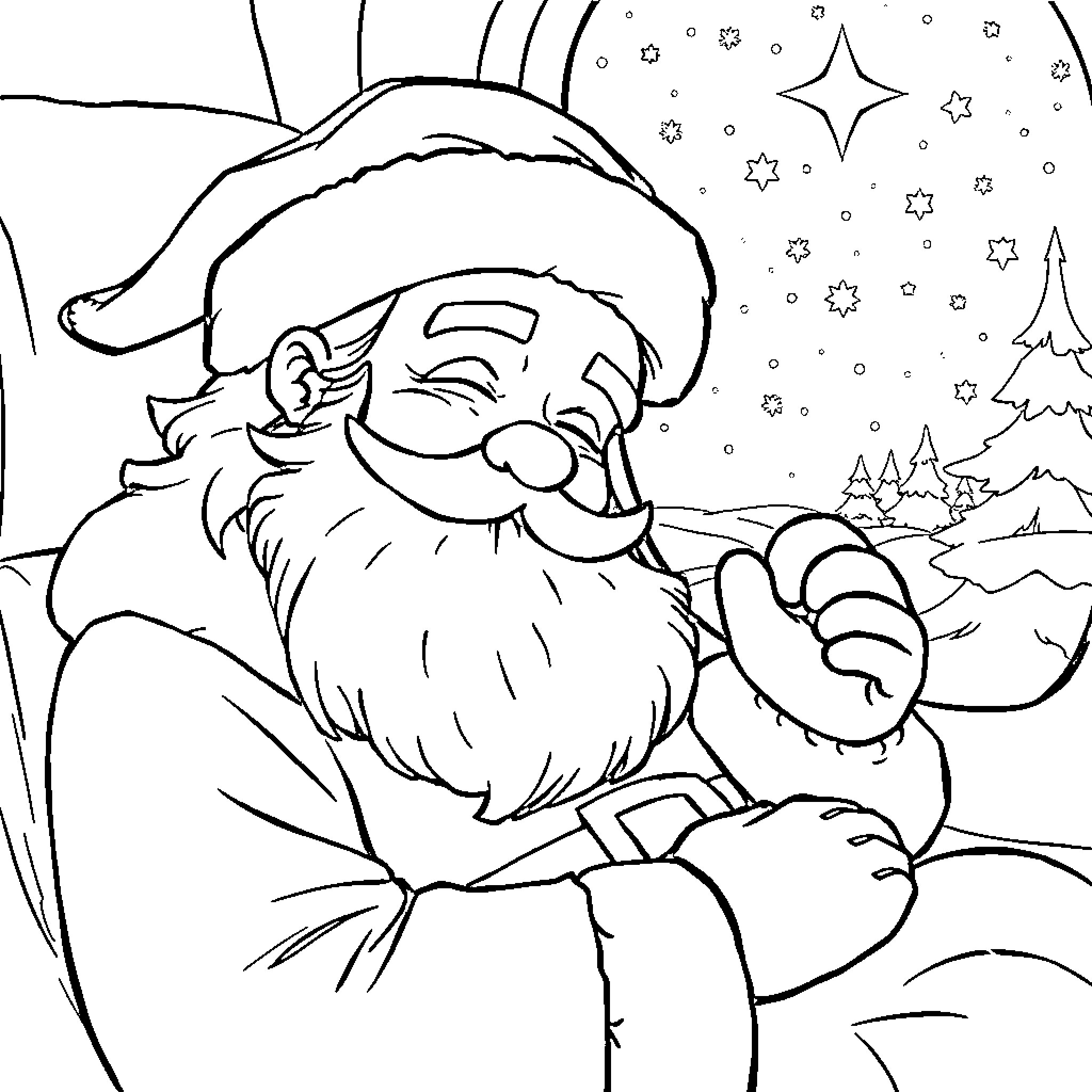 Santa Claus winking in a snowy winter scene Coloring Page (free black-and-white line drawing printable PDF for all, from beginners to advanced learners, including children, teens, adults, and seniors)