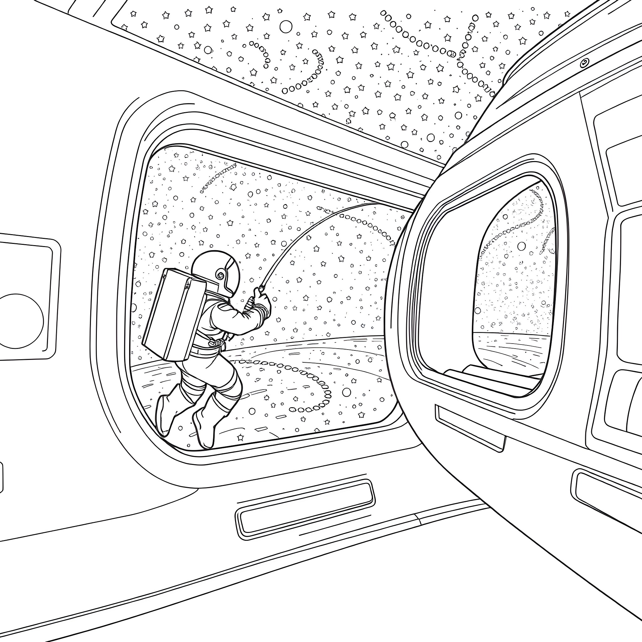 Astronaut floating weightlessly in spacecraft cabin Coloring Page (free black-and-white line drawing printable PDF for all, from beginners to advanced learners, including children, teens, adults, and seniors)