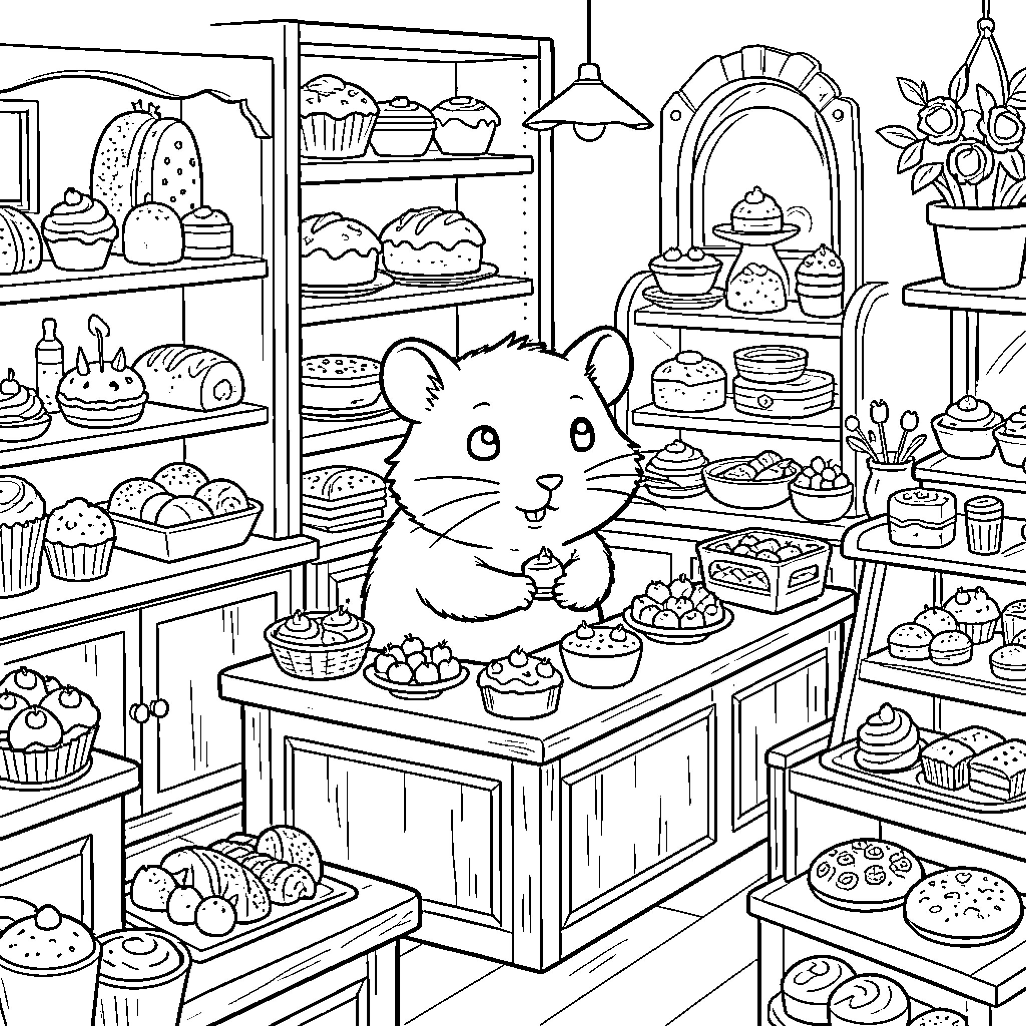 Hamster enjoying treats in a cozy bakery Coloring Page (free black-and-white line drawing printable PDF for all, from beginners to advanced learners, including children, teens, adults, and seniors)