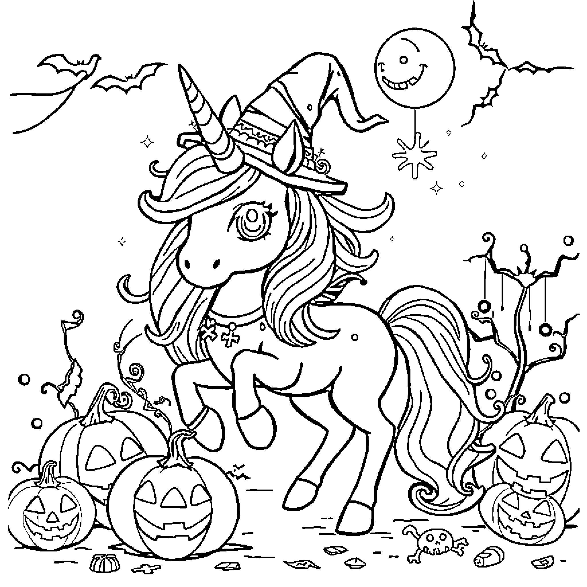 Unicorn Celebrating Halloween with Pumpkins and Bats Coloring Page (free black-and-white line drawing printable PDF for all, from beginners to advanced learners, including children, teens, adults, and seniors)
