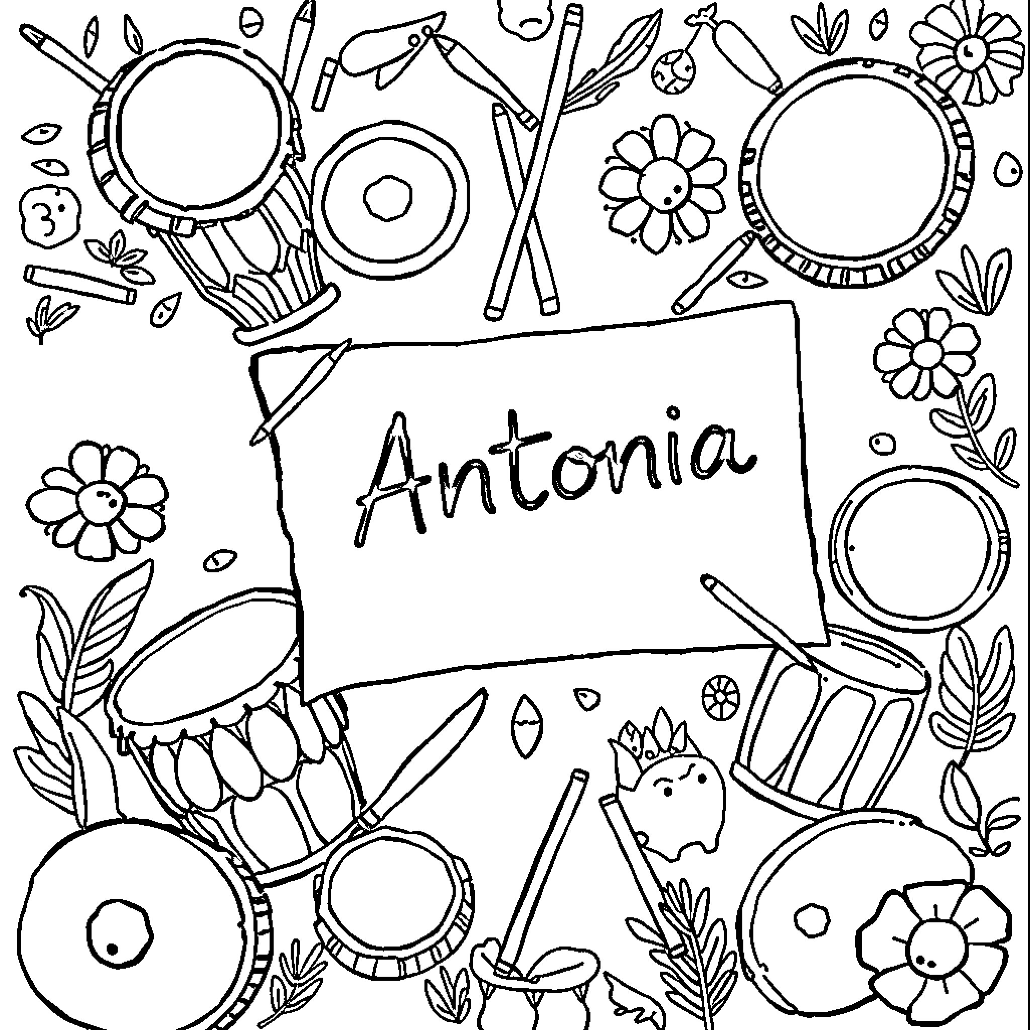 Antonia's creative and artistic collection Coloring Page (free black-and-white line drawing printable PDF for all, from beginners to advanced learners, including children, teens, adults, and seniors)