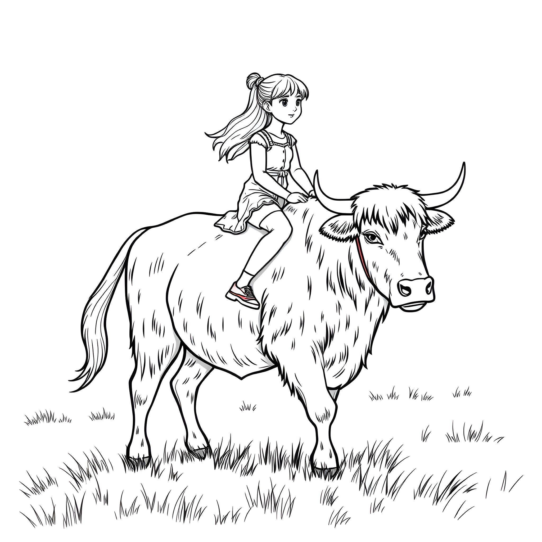 Girl riding a furry cow in a grassy field Coloring Page (free black-and-white line drawing printable PDF for all, from beginners to advanced learners, including children, teens, adults, and seniors)