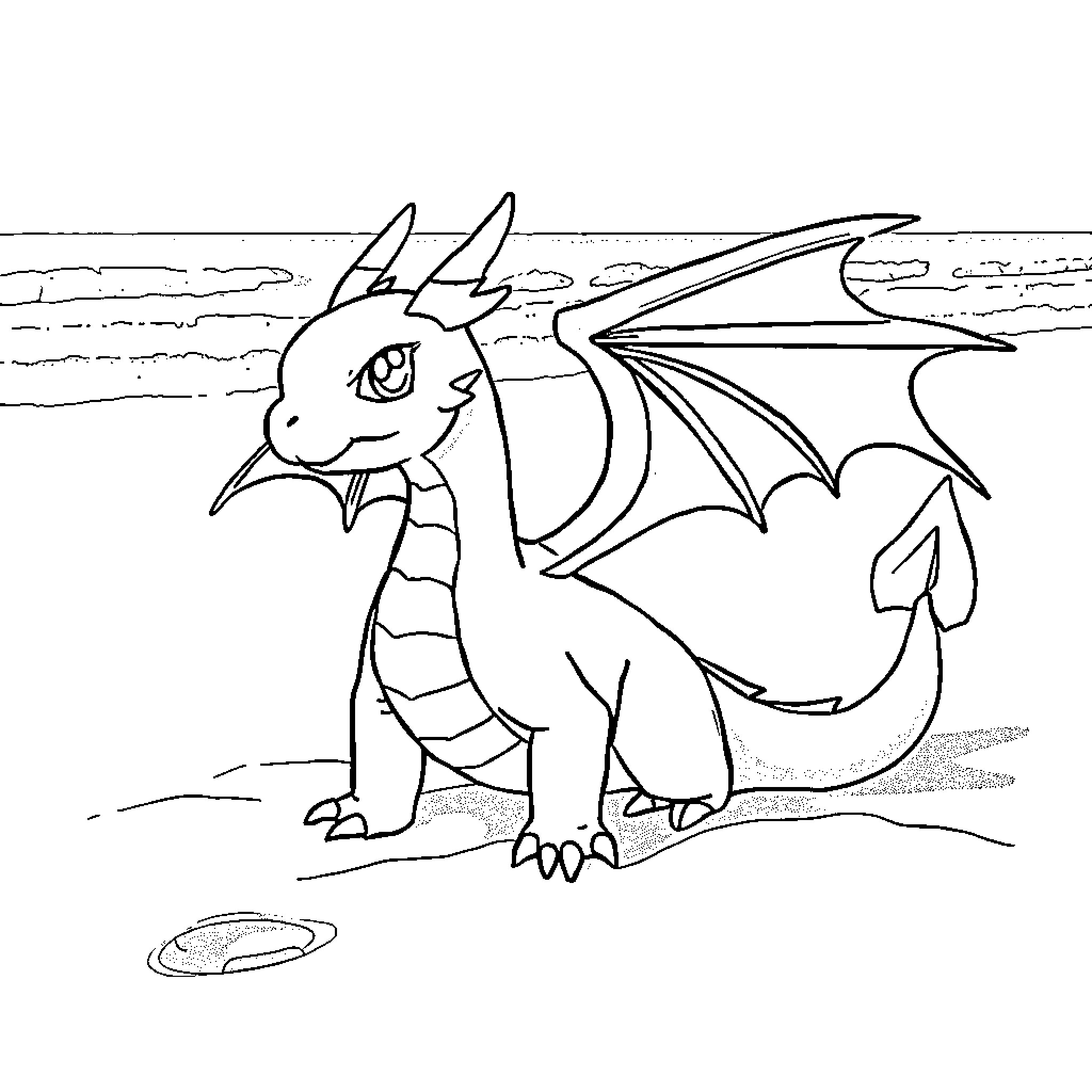 Dragon Pokémon in a scenic landscape Coloring Page (free black-and-white line drawing printable PDF for all, from beginners to advanced learners, including children, teens, adults, and seniors)