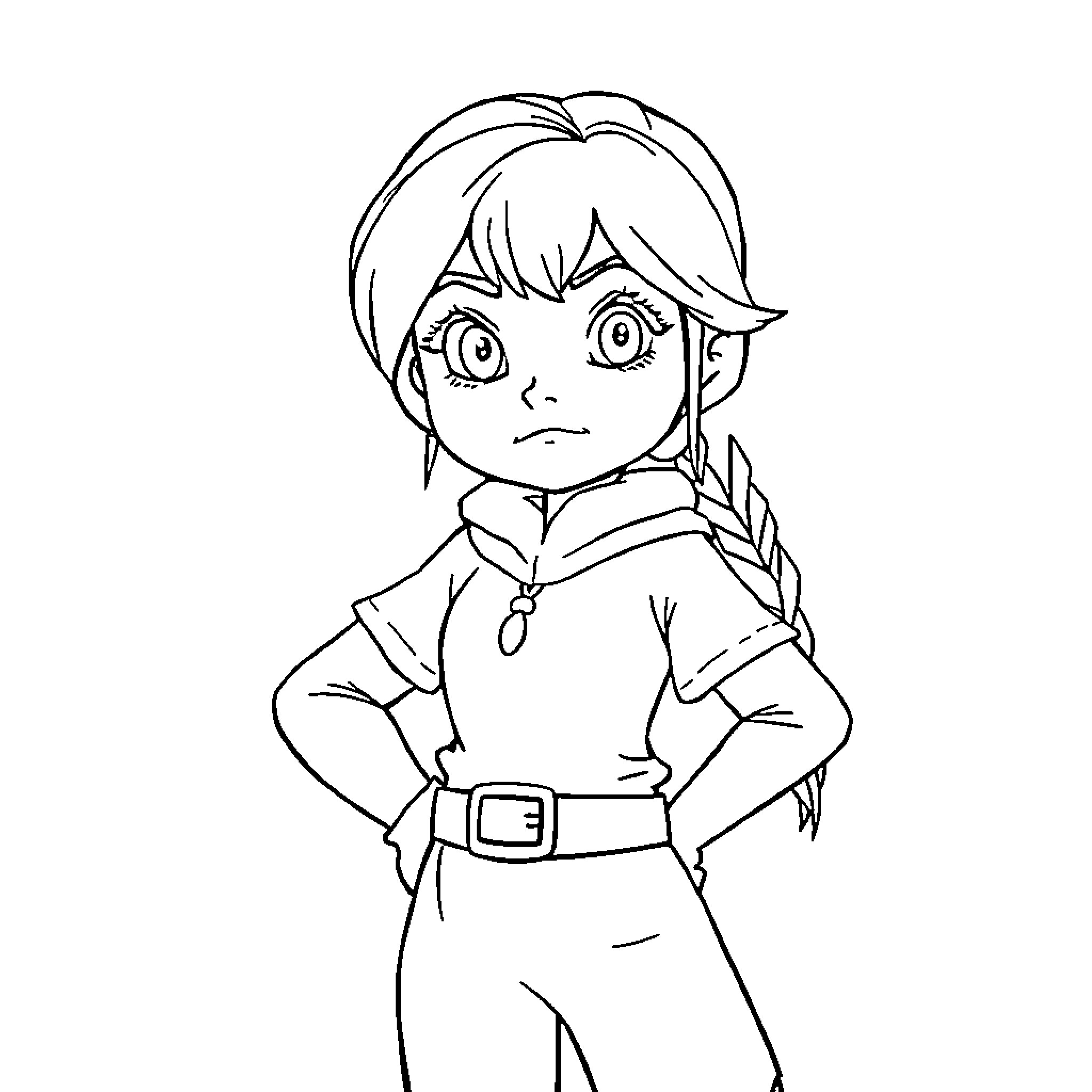 Hanna's determined expression in hero outfit Coloring Page (free black-and-white line drawing printable PDF for all, from beginners to advanced learners, including children, teens, adults, and seniors)