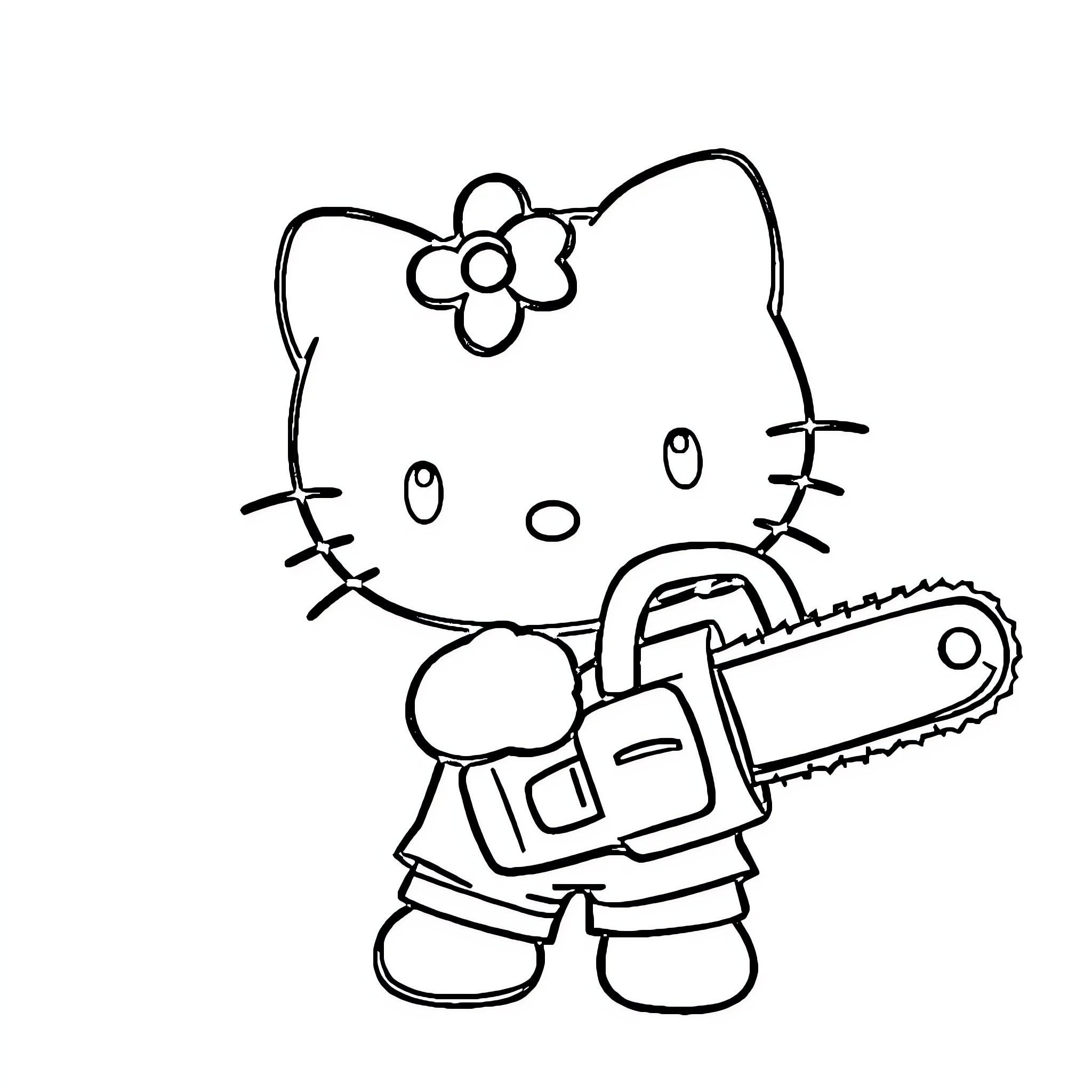 Hello Kitty Holding a Chainsaw Coloring Page (free black-and-white line drawing printable PDF for all, from beginners to advanced learners, including children, teens, adults, and seniors)