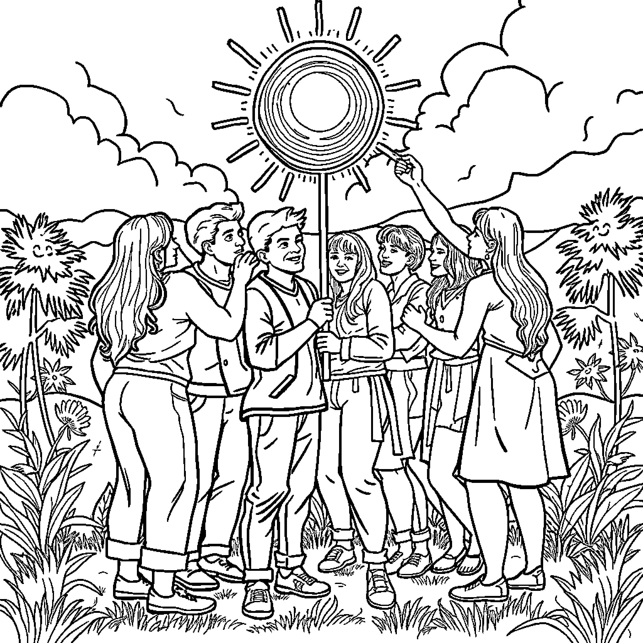 Equipo de amigos disfrutando al aire libre Coloring Page (free black-and-white line drawing printable PDF for all, from beginners to advanced learners, including children, teens, adults, and seniors)