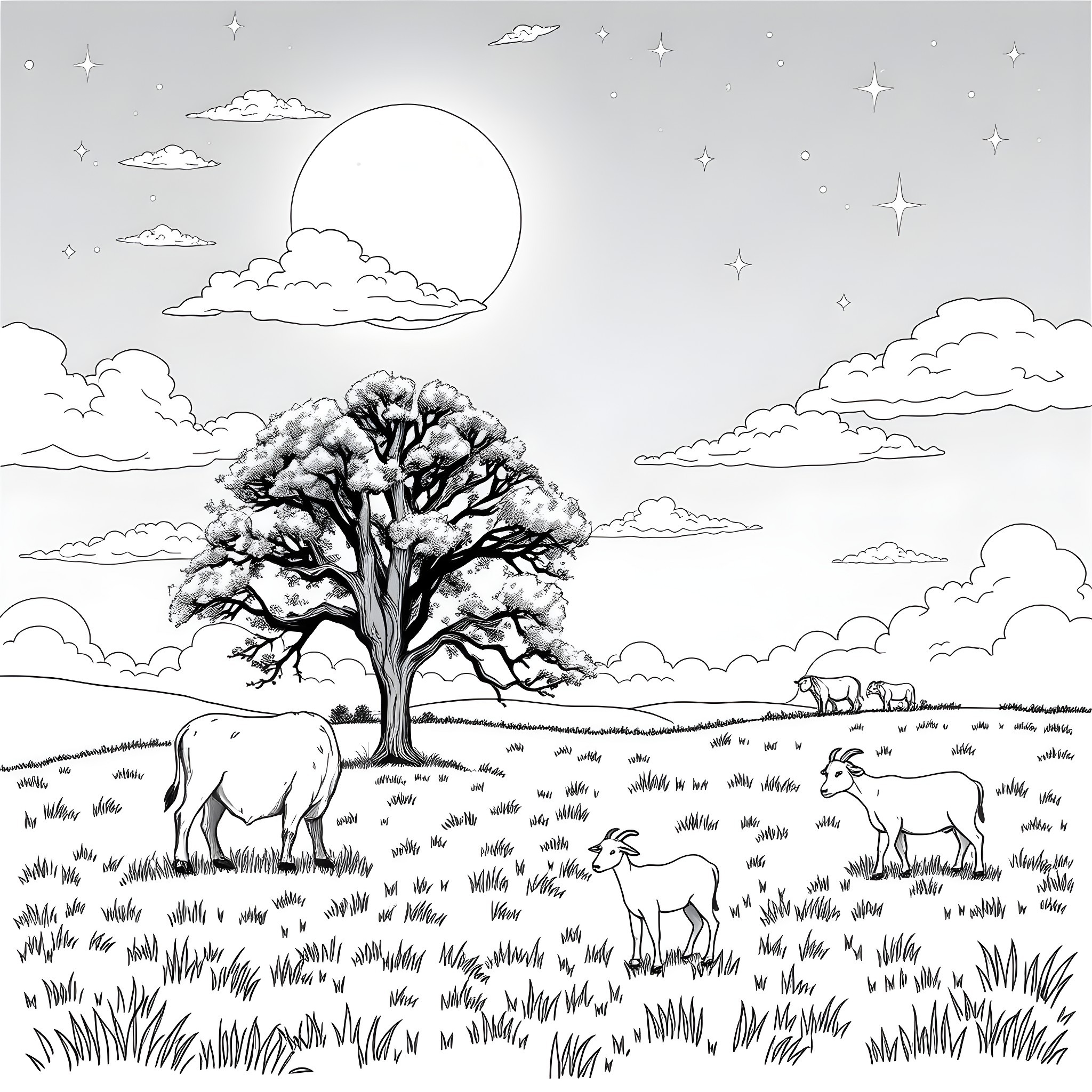 Moon and animals in a peaceful landscape Coloring Page (free black-and-white line drawing printable PDF for all, from beginners to advanced learners, including children, teens, adults, and seniors)