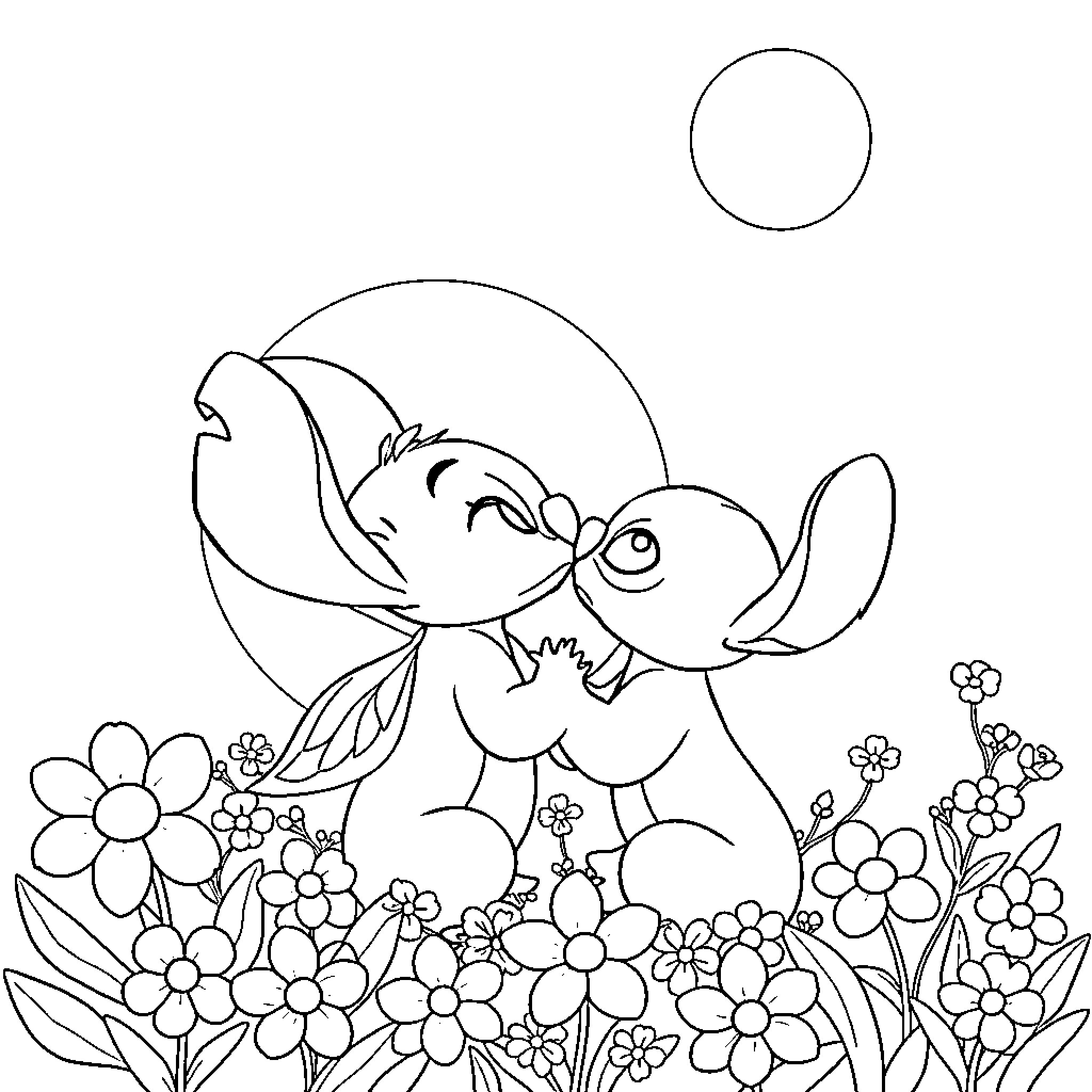 Stitch playing happily in a floral garden Coloring Page (free black-and-white line drawing printable PDF for all, from beginners to advanced learners, including children, teens, adults, and seniors)