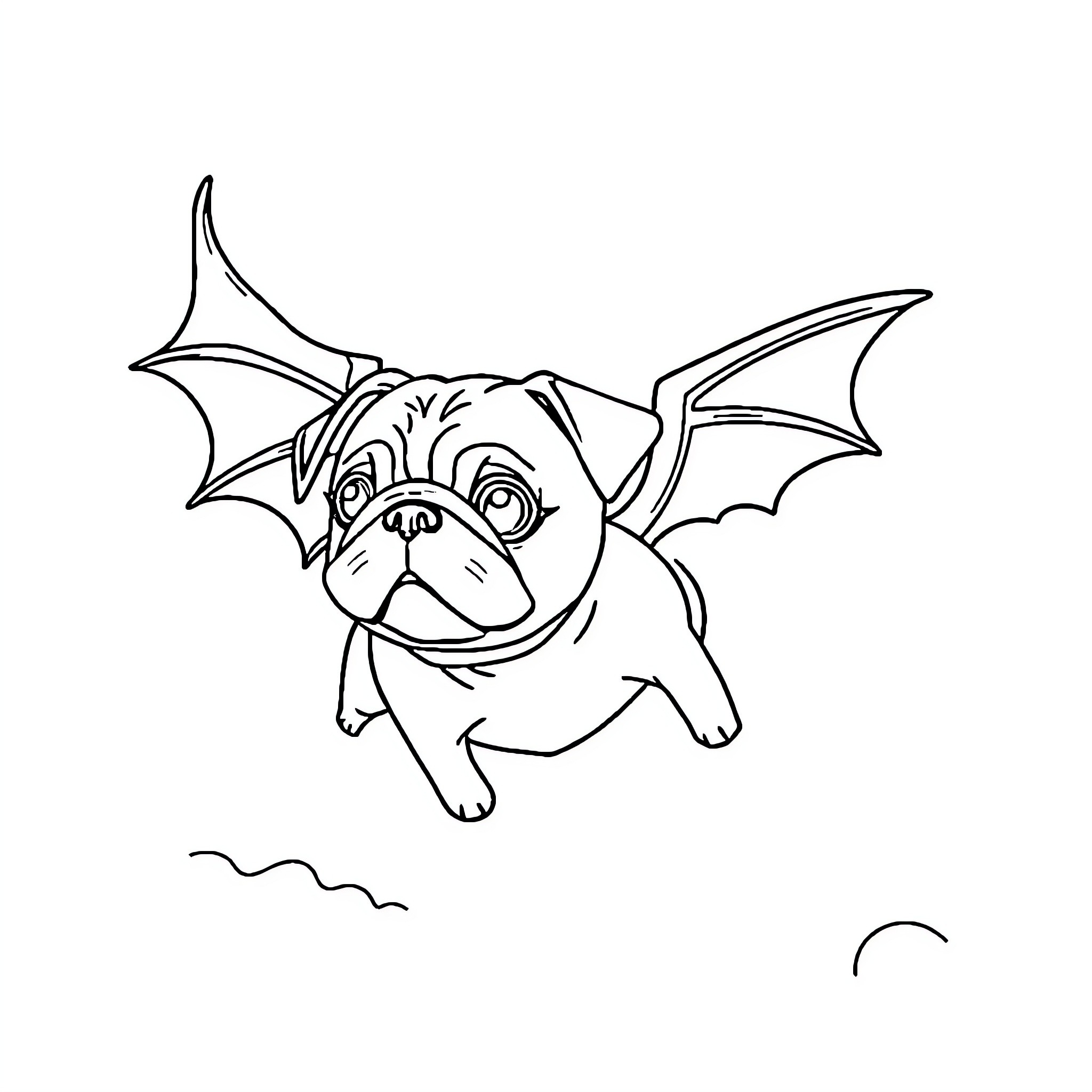Pug dressed as a dragon taking flight Coloring Page (free black-and-white line drawing printable PDF for all, from beginners to advanced learners, including children, teens, adults, and seniors)