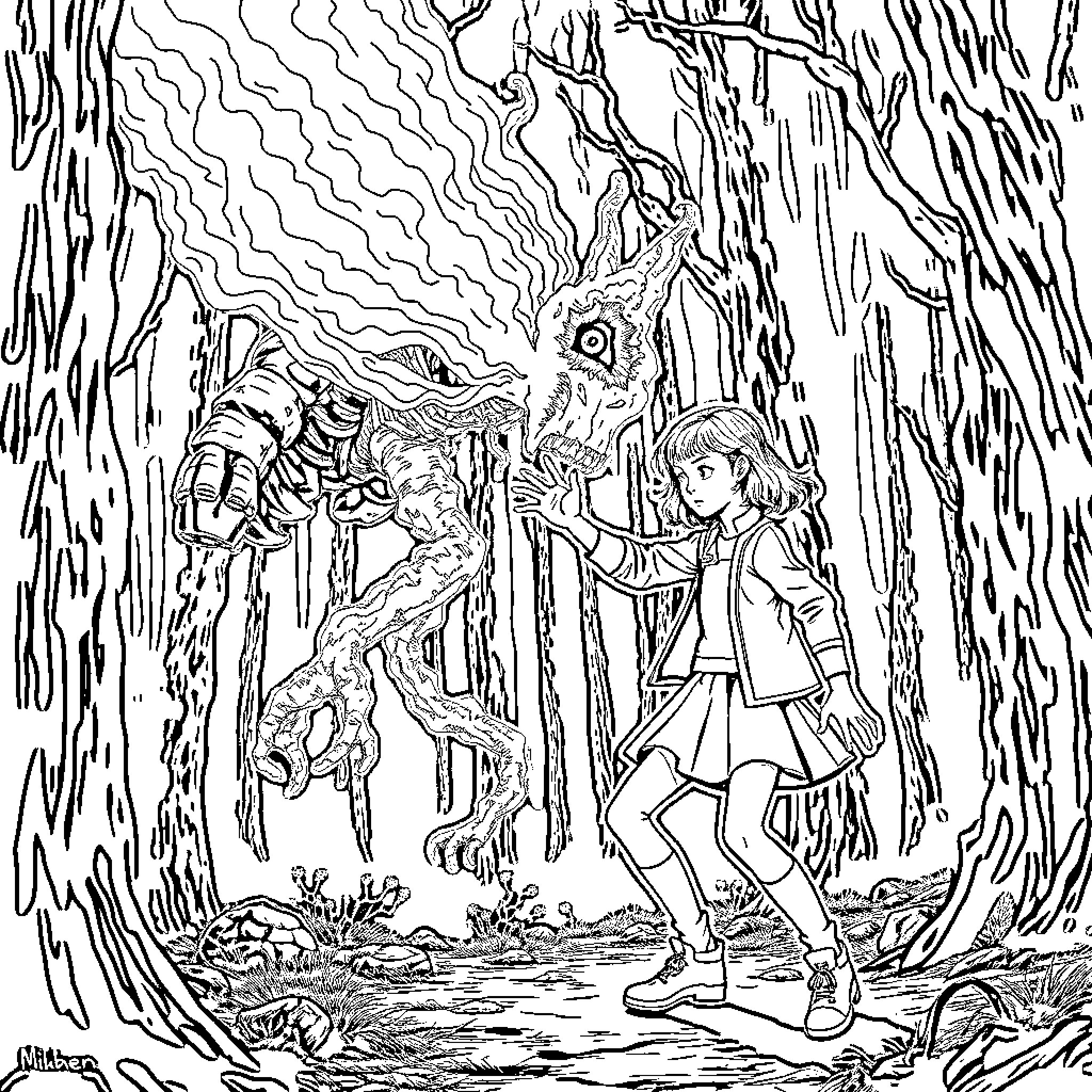 Eleven meets a curious creature in the forest Coloring Page (free black-and-white line drawing printable PDF for all, from beginners to advanced learners, including children, teens, adults, and seniors)
