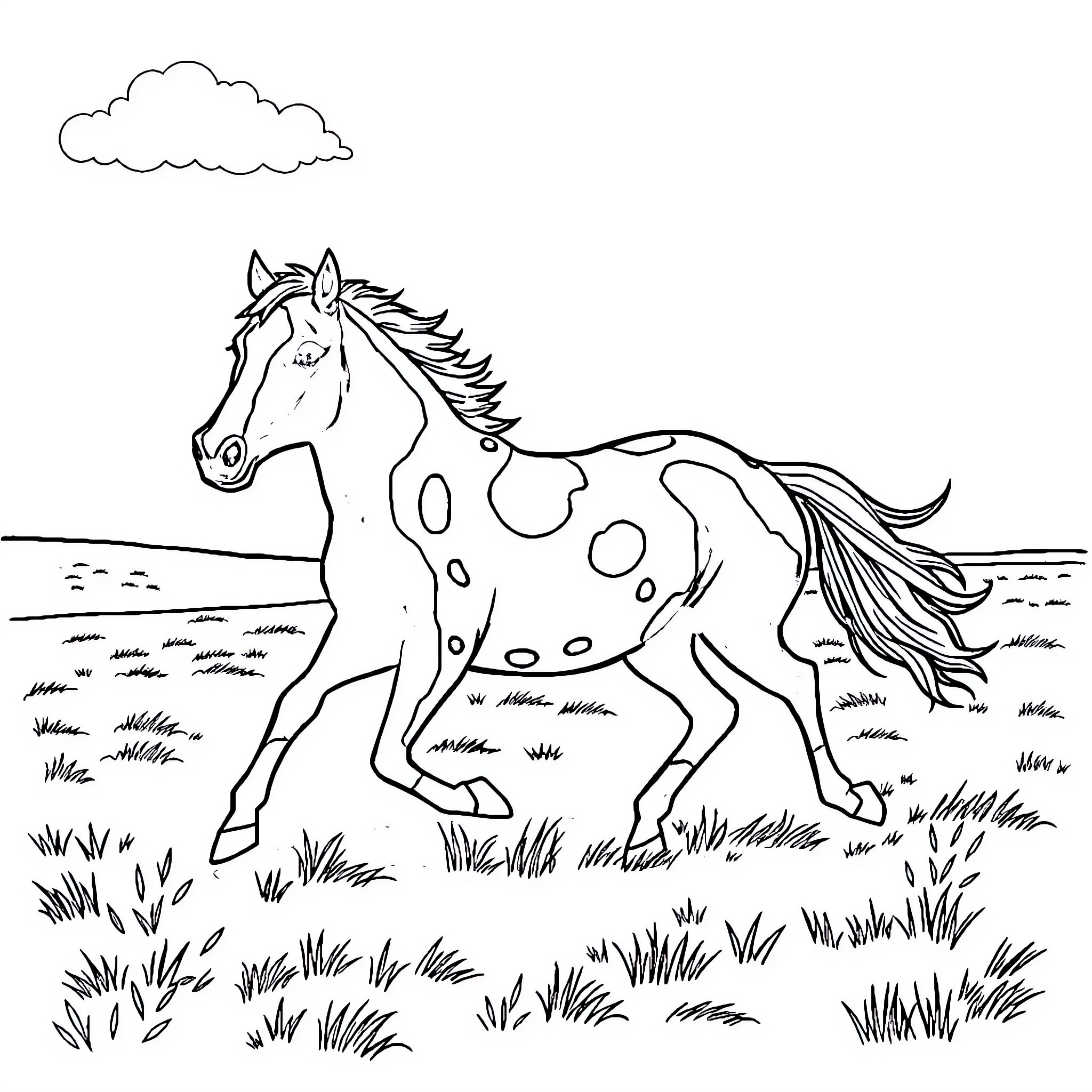 Pony galloping freely through the meadow Coloring Page (free black-and-white line drawing printable PDF for all, from beginners to advanced learners, including children, teens, adults, and seniors)