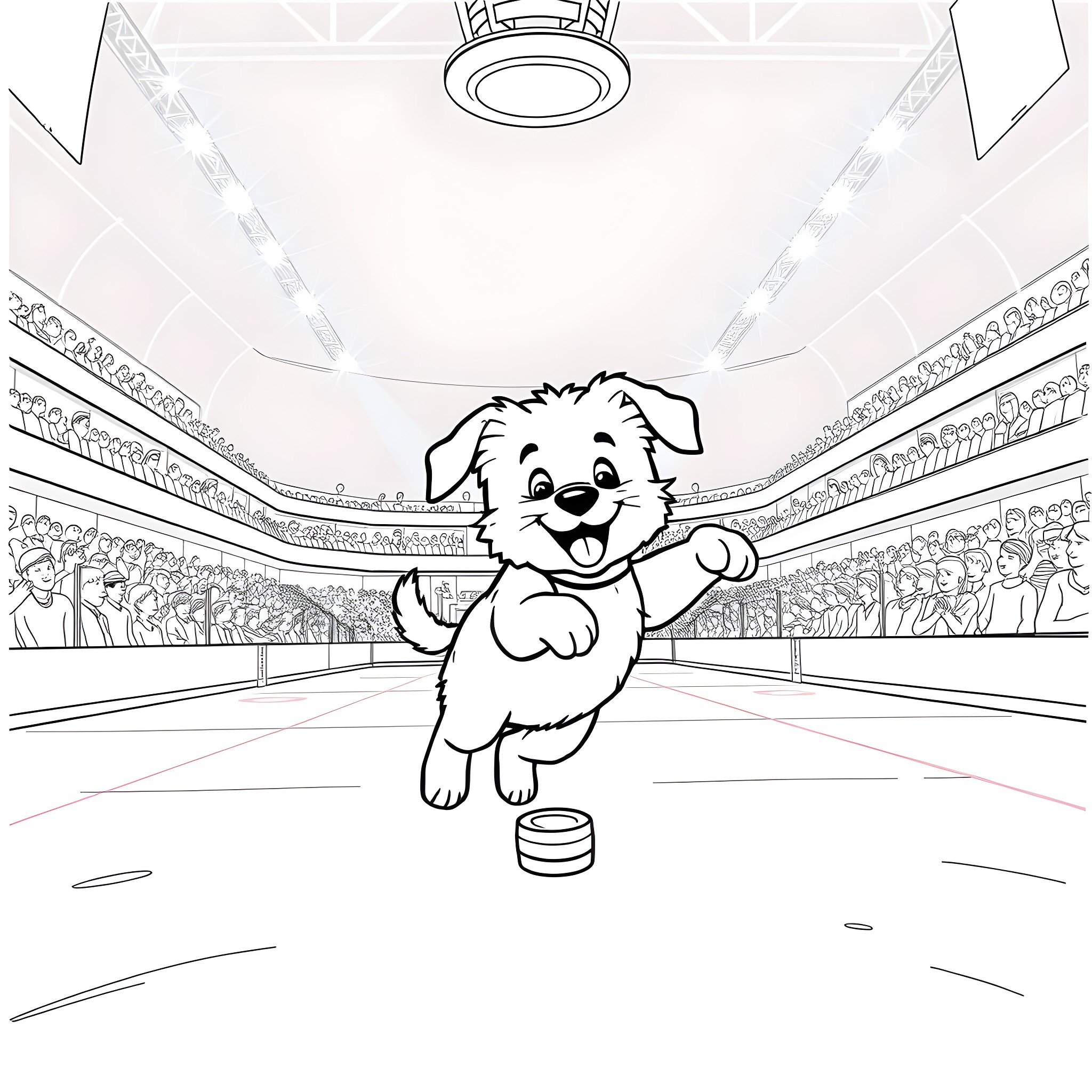 Puppy Performing in the Spotlight Coloring Page (free black-and-white line drawing printable PDF for all, from beginners to advanced learners, including children, teens, adults, and seniors)