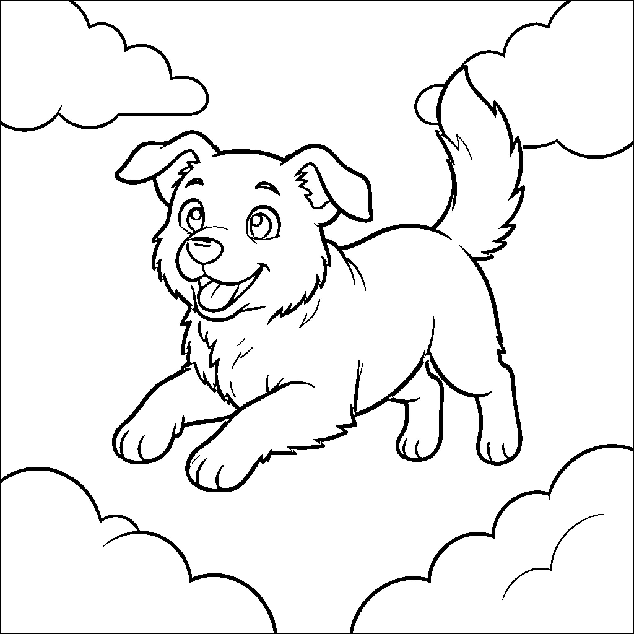 Dog jumping happily through the fluffy clouds Coloring Page (free black-and-white line drawing printable PDF for all, from beginners to advanced learners, including children, teens, adults, and seniors)