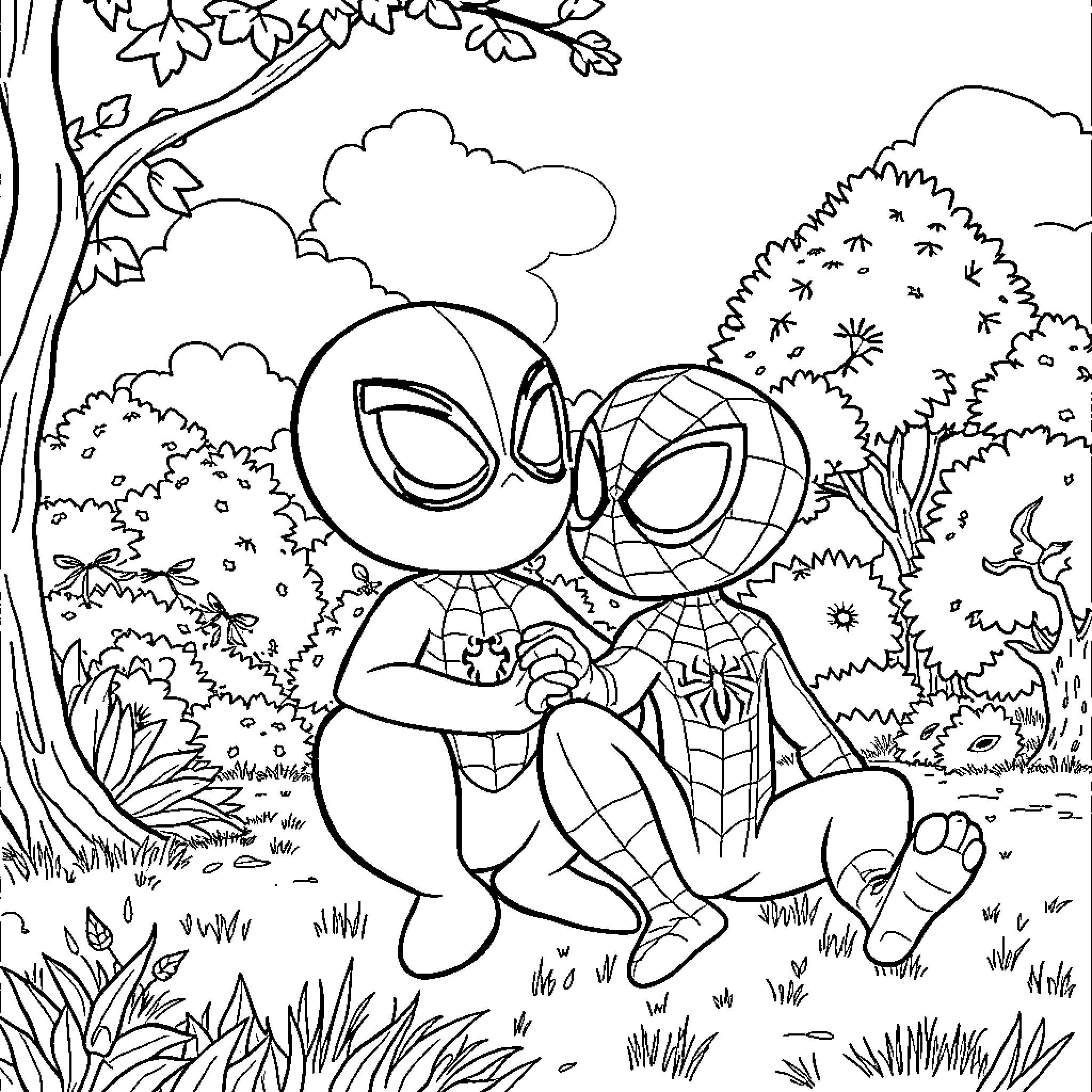 Bluey exploring the outdoors with Spider-Man Coloring Page (free black-and-white line drawing printable PDF for all, from beginners to advanced learners, including children, teens, adults, and seniors)