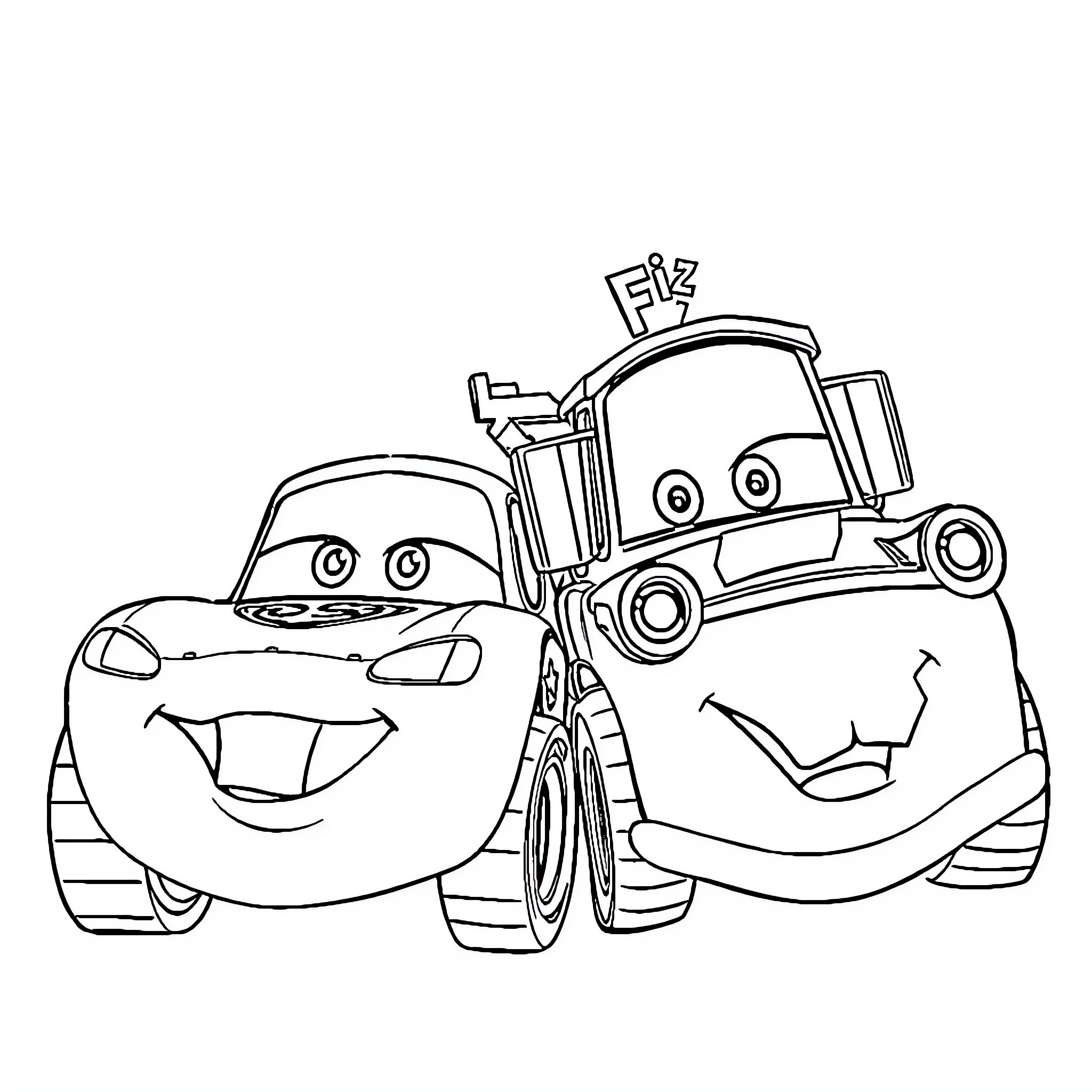 Lightning McQueen and Mater Enjoying a Friendly Moment Coloring Page (free black-and-white line drawing printable PDF for all, from beginners to advanced learners, including children, teens, adults, and seniors)