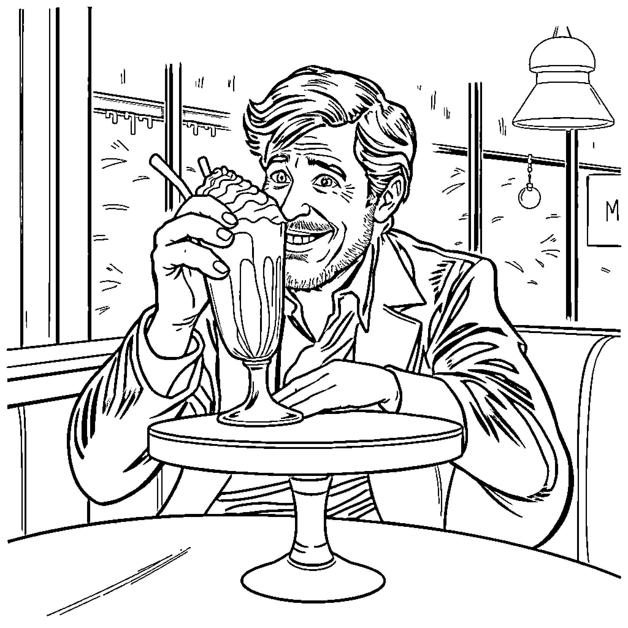 Jack Torrance enjoys a refreshing milkshake at the diner Coloring Page (free black-and-white line drawing printable PDF for all, from beginners to advanced learners, including children, teens, adults, and seniors)