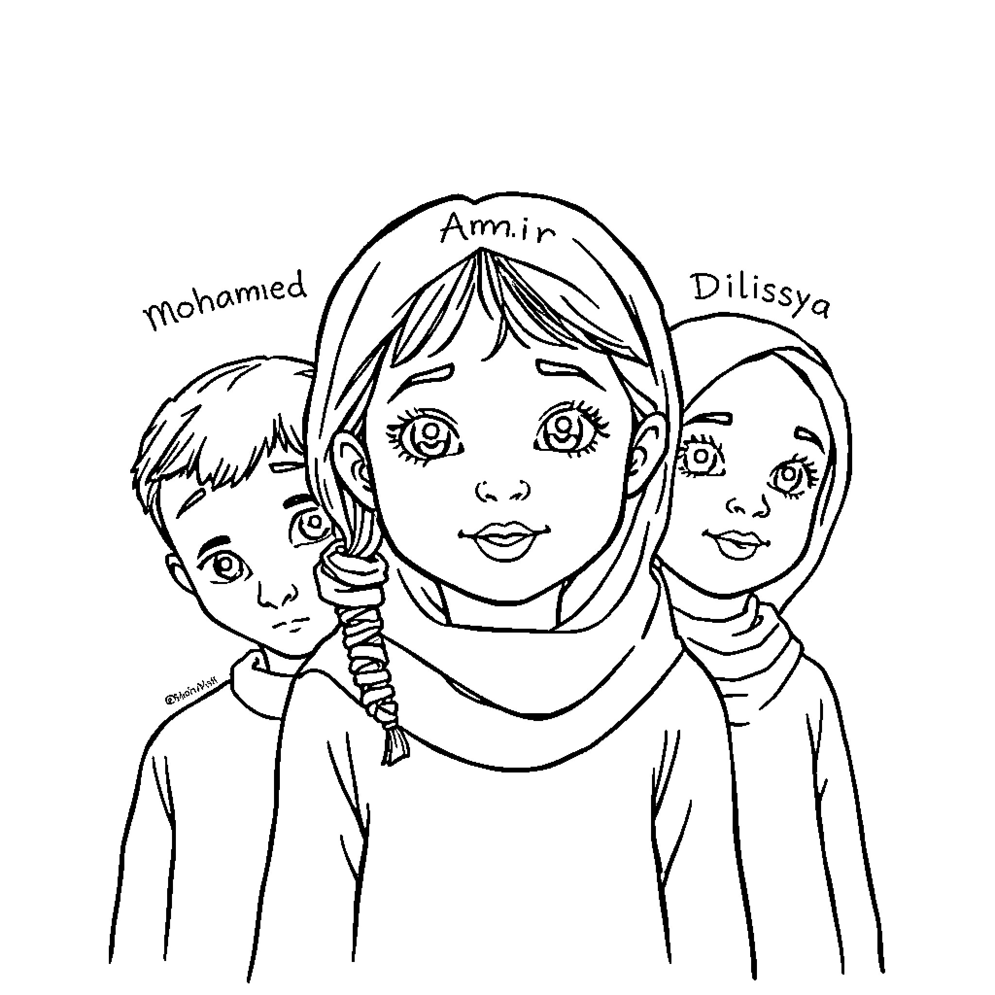 Girl with two children in simple outfit Coloring Page (free black-and-white line drawing printable PDF for all, from beginners to advanced learners, including children, teens, adults, and seniors)