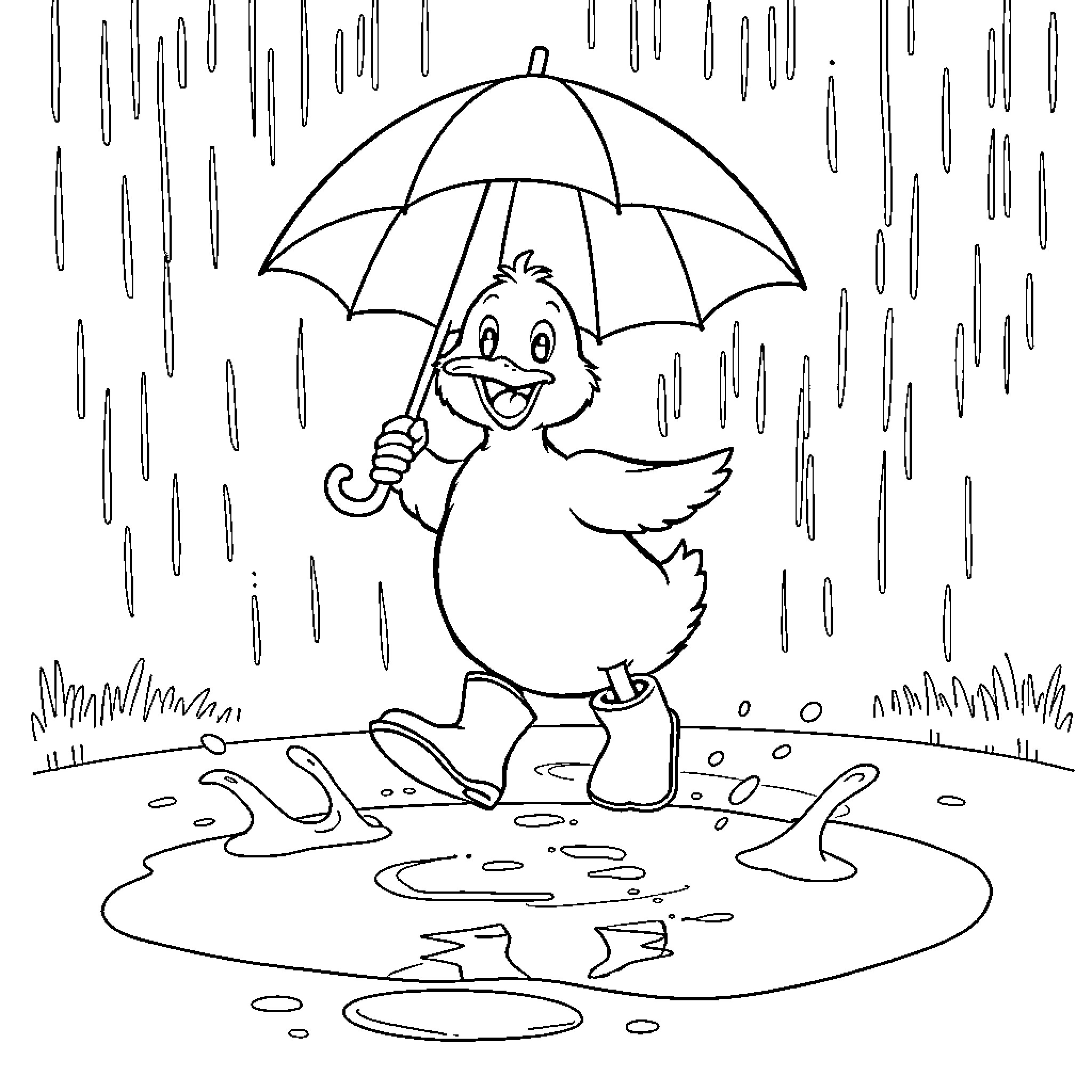 Duck enjoying a rainy day with umbrella Coloring Page (free black-and-white line drawing printable PDF for all, from beginners to advanced learners, including children, teens, adults, and seniors)
