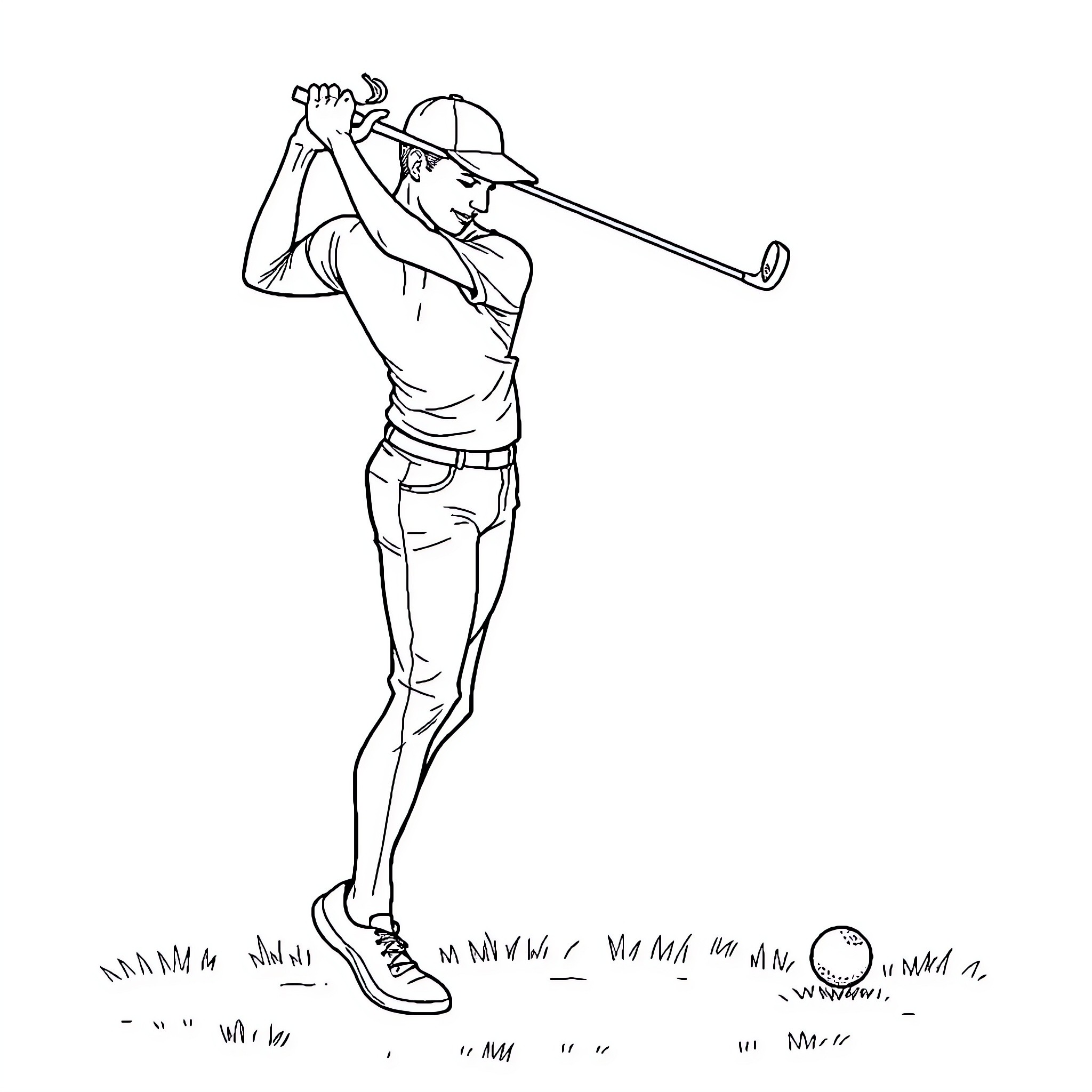 Dancer swinging golf club on the course Coloring Page (free black-and-white line drawing printable PDF for all, from beginners to advanced learners, including children, teens, adults, and seniors)