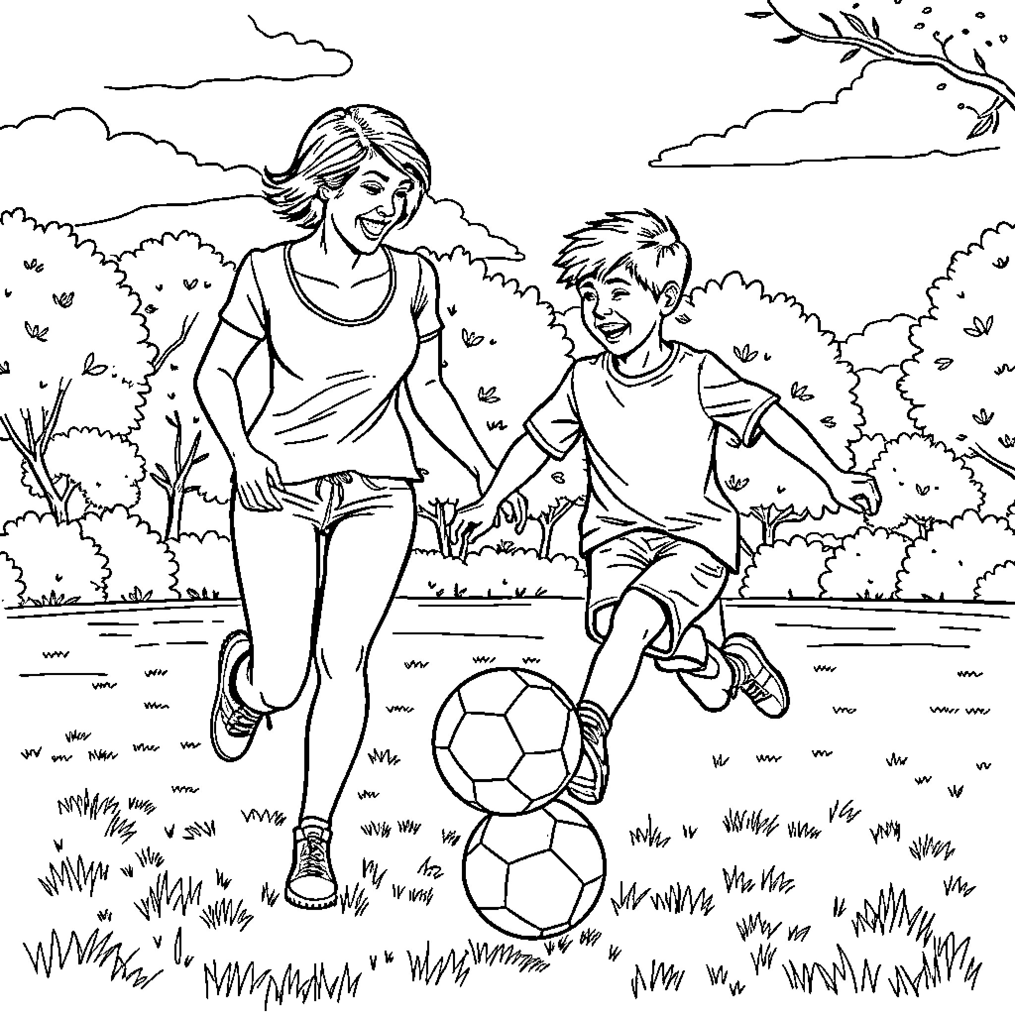 Mom and Son Enjoying Time Together Outdoors Coloring Page (free black-and-white line drawing printable PDF for all, from beginners to advanced learners, including children, teens, adults, and seniors)