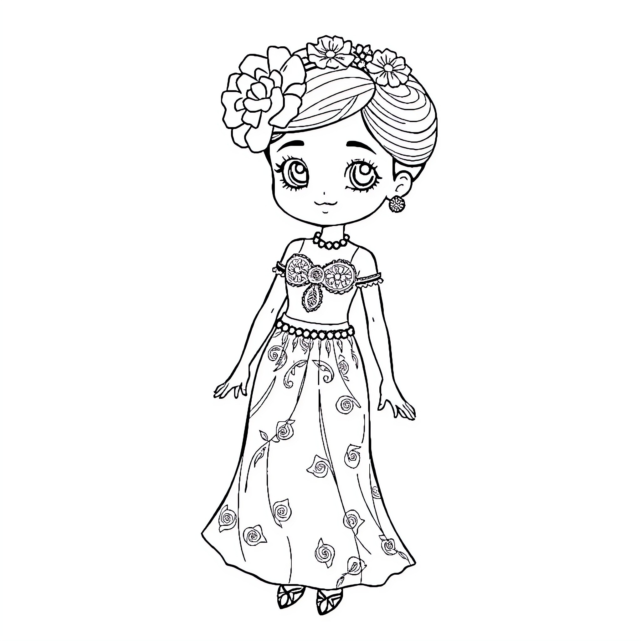 Labubu wearing a floral dress and headpiece Coloring Page (free black-and-white line drawing printable PDF for all, from beginners to advanced learners, including children, teens, adults, and seniors)