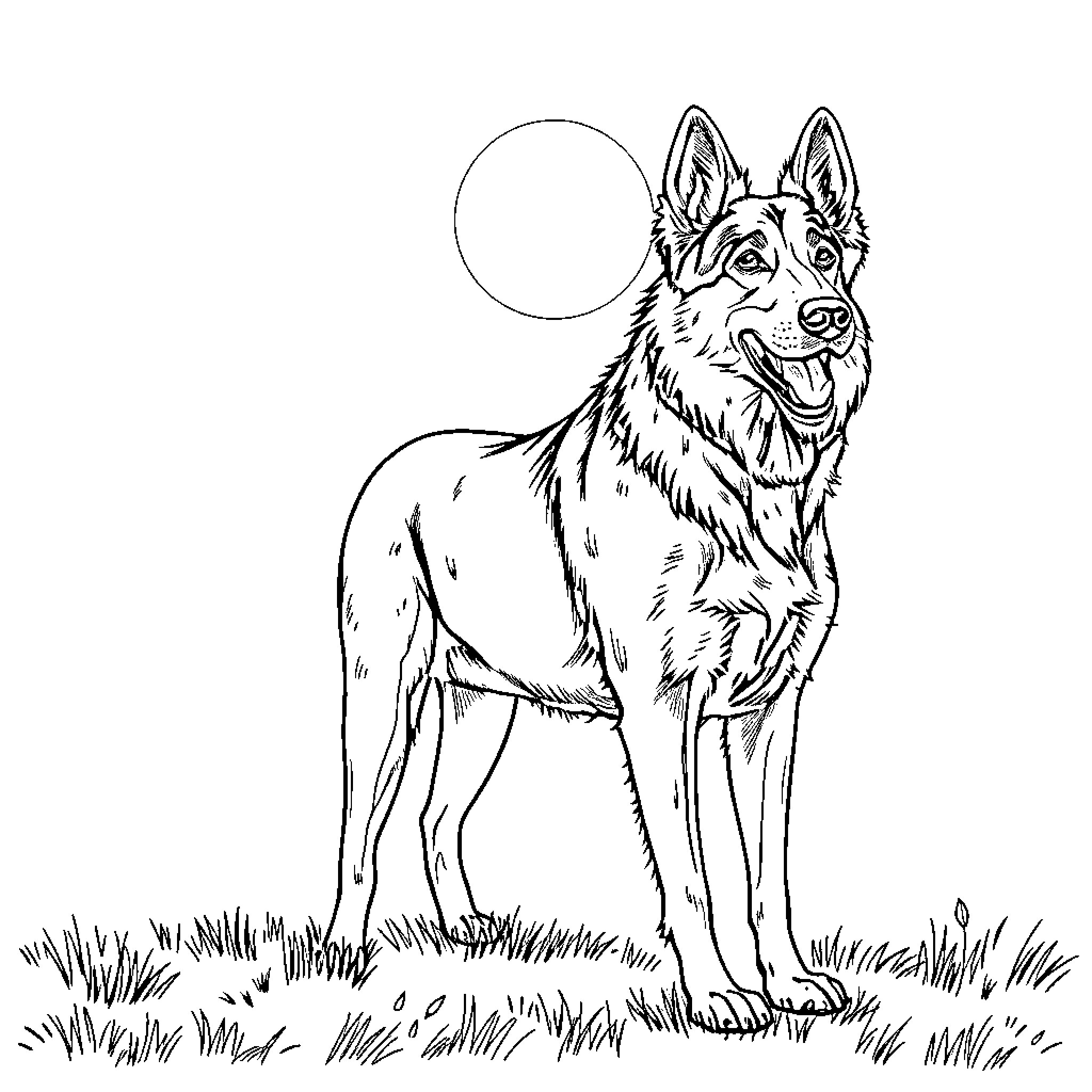 Shepherd Dog standing in meadow Coloring Page (free black-and-white line drawing printable PDF for all, from beginners to advanced learners, including children, teens, adults, and seniors)
