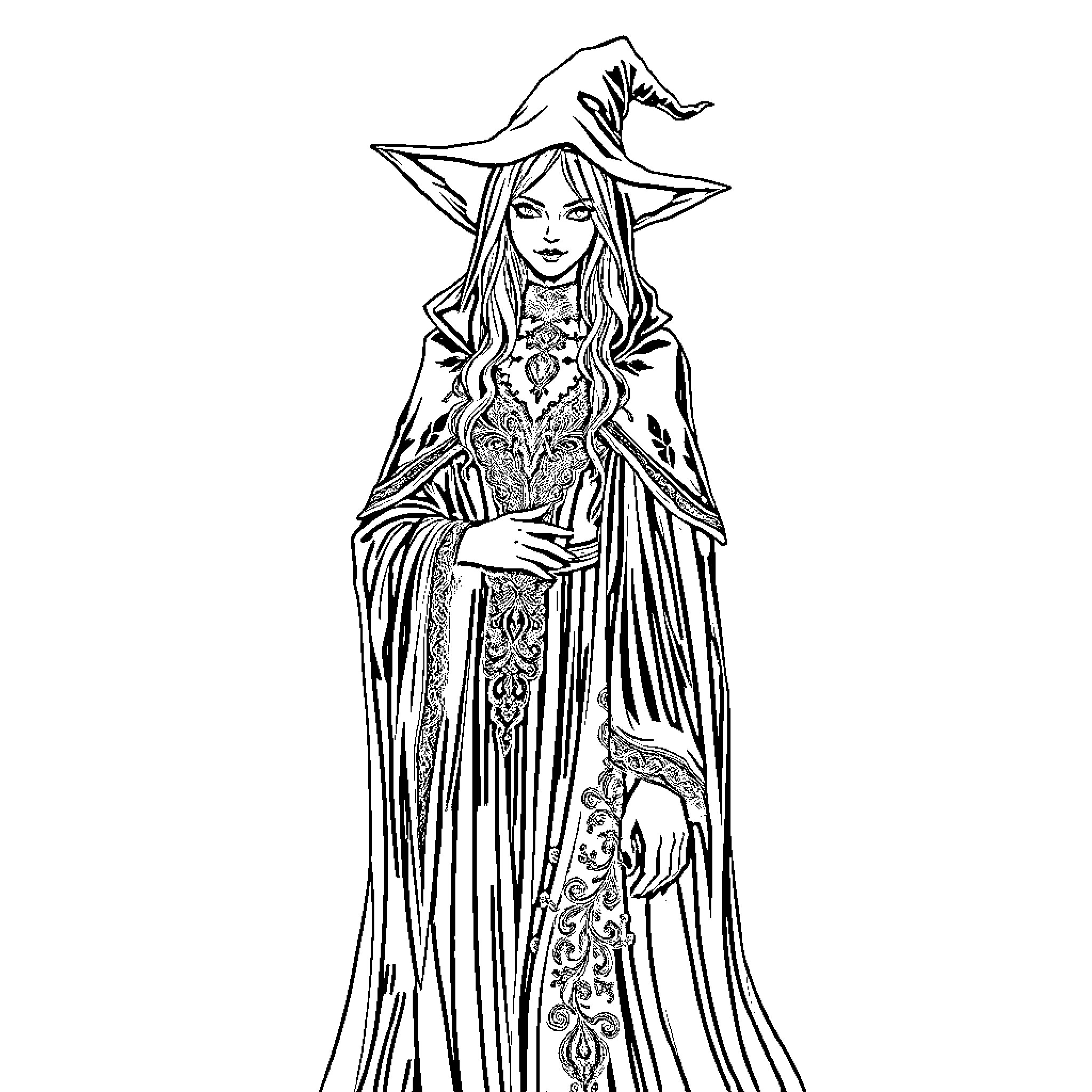 Witch in enchanting ceremonial attire Coloring Page (free black-and-white line drawing printable PDF for all, from beginners to advanced learners, including children, teens, adults, and seniors)
