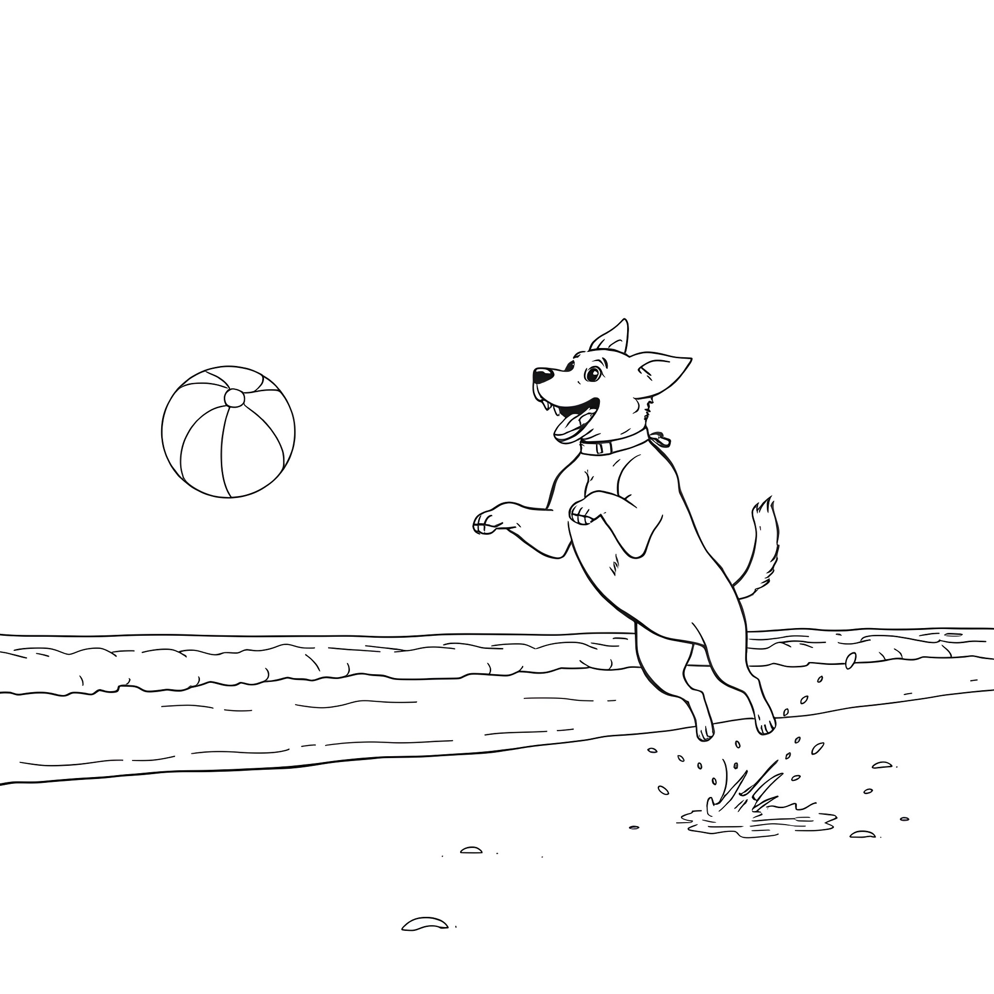 Dog playing joyfully with beach ball on the shore Coloring Page (free black-and-white line drawing printable PDF for all, from beginners to advanced learners, including children, teens, adults, and seniors)