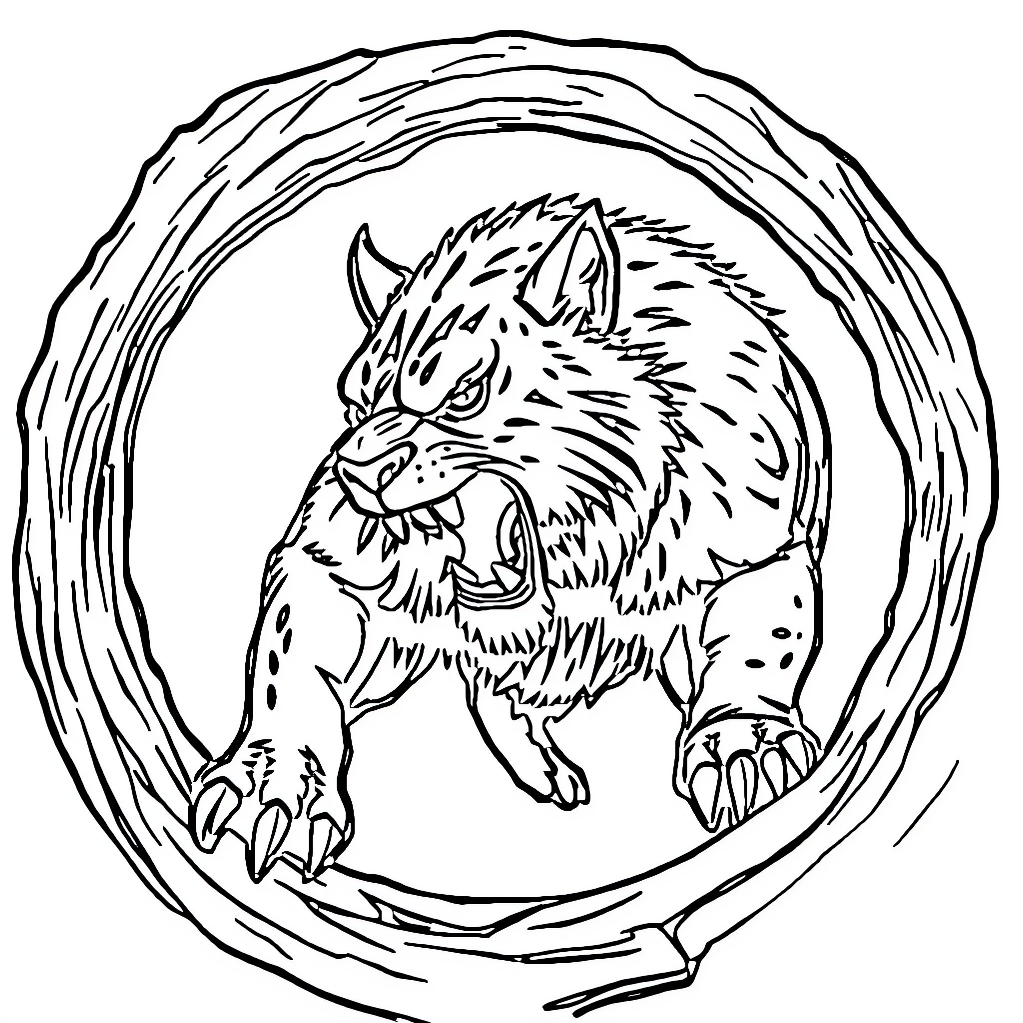 Bull-like beast snarling in wild surroundings Coloring Page (free black-and-white line drawing printable PDF for all, from beginners to advanced learners, including children, teens, adults, and seniors)