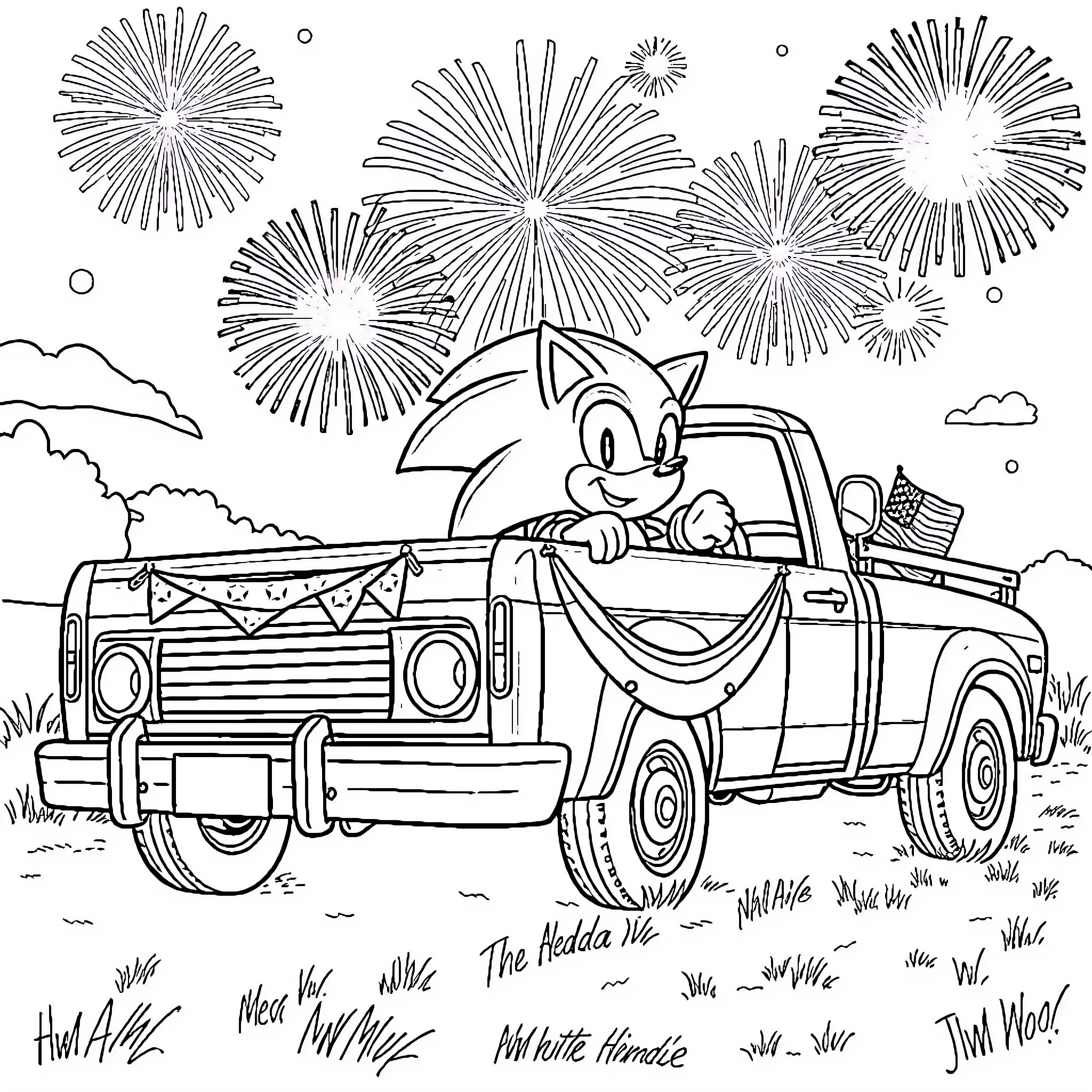 Sonic Celebrating Festive Fireworks in Pickup Truck Coloring Page (free black-and-white line drawing printable PDF for all, from beginners to advanced learners, including children, teens, adults, and seniors)