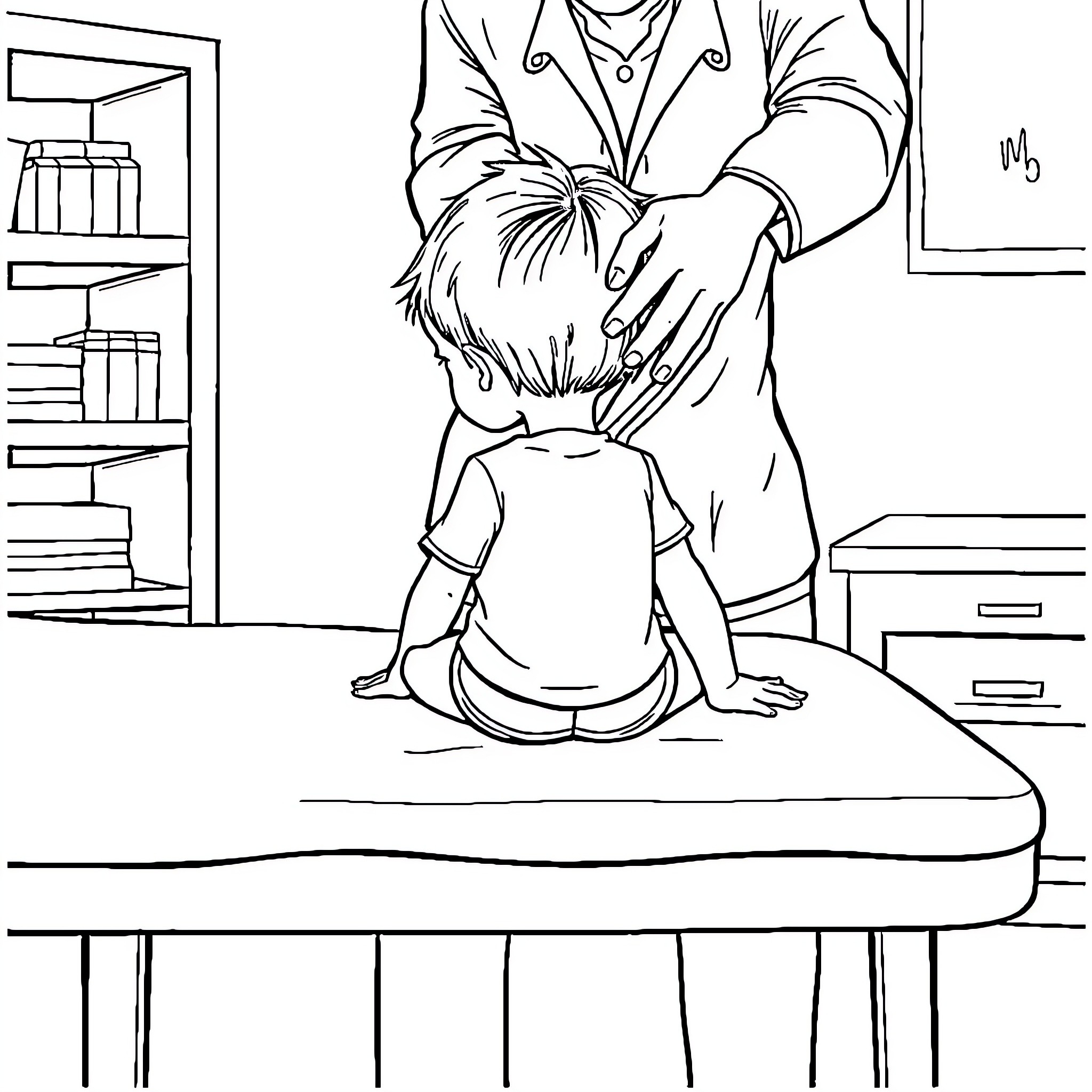 Child receiving comfort from adult in office Coloring Page (free black-and-white line drawing printable PDF for all, from beginners to advanced learners, including children, teens, adults, and seniors)