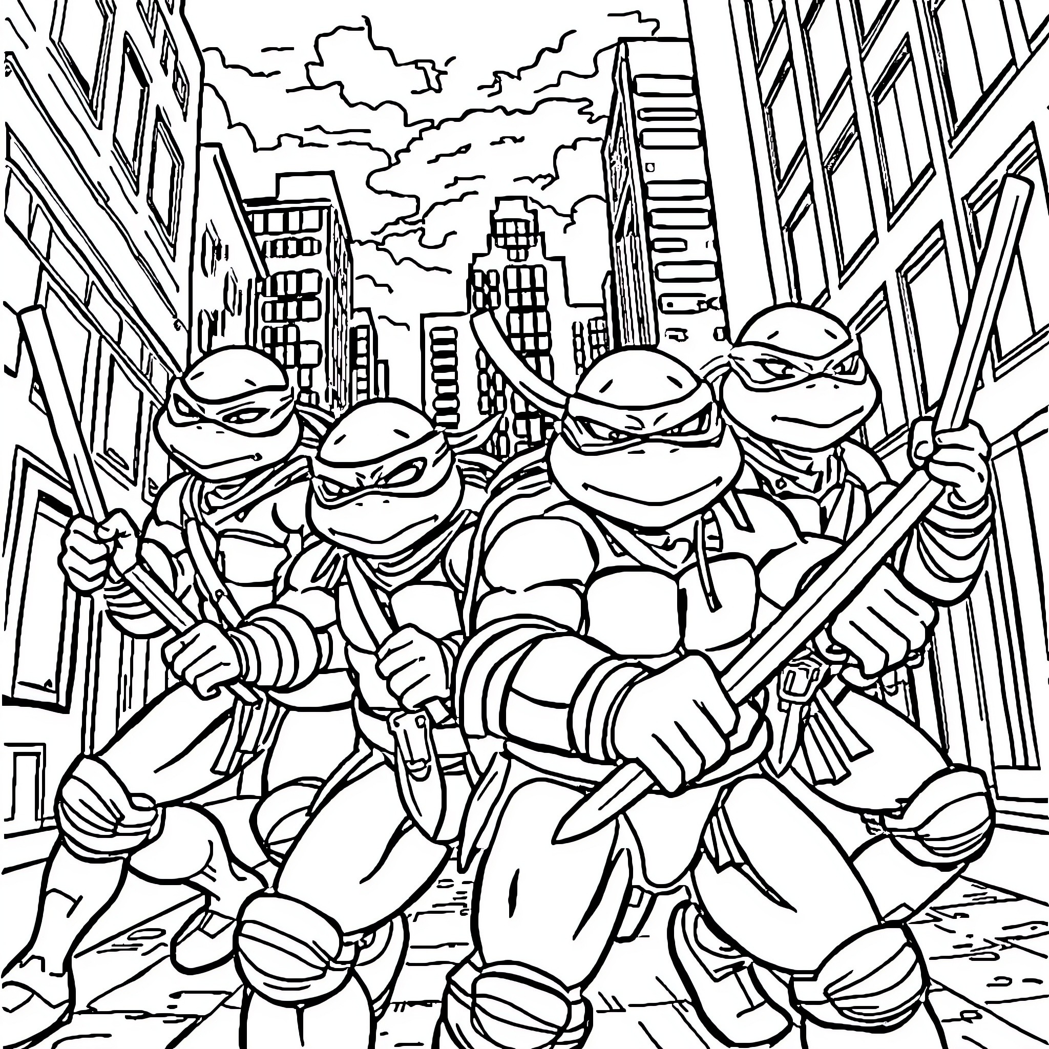 Teenage Mutant Ninja Turtles Charge into Action in the City Coloring Page (free black-and-white line drawing printable PDF for all, from beginners to advanced learners, including children, teens, adults, and seniors)