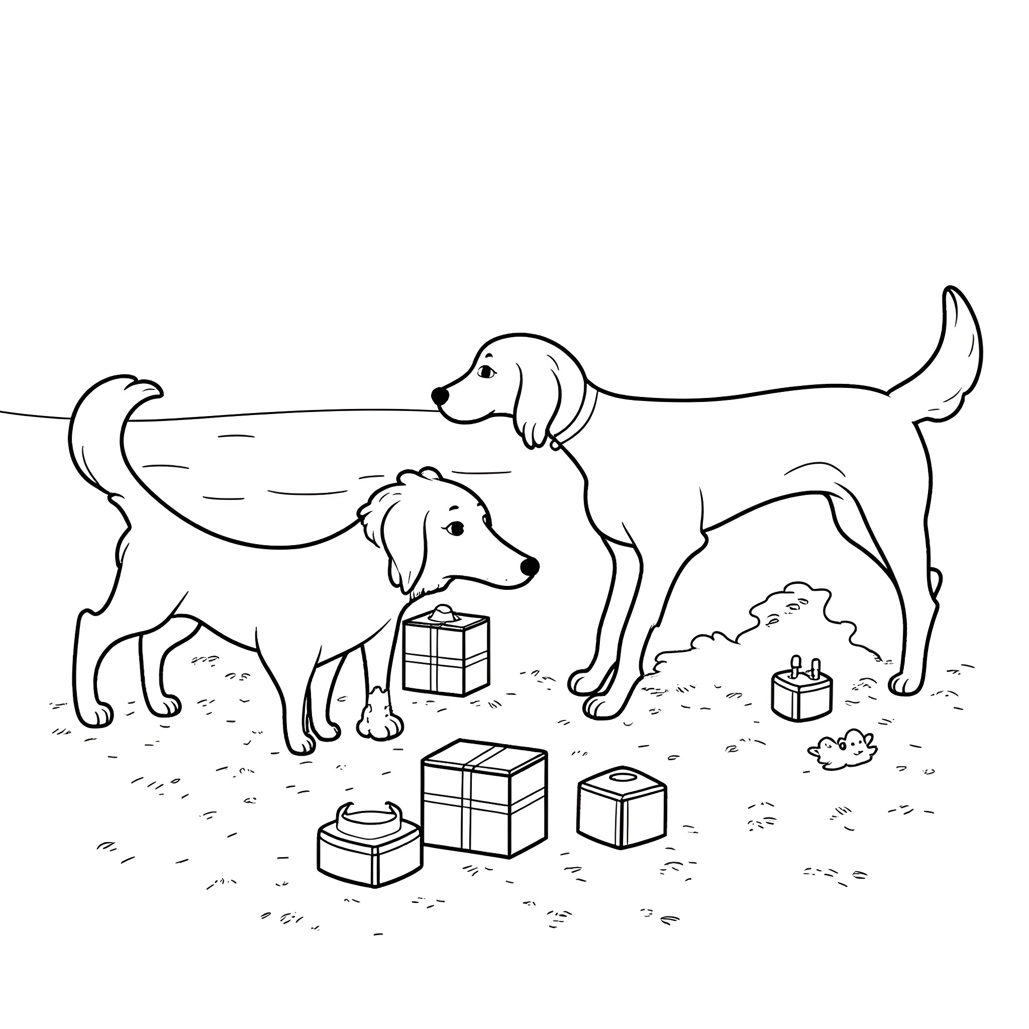 Dogs Playing with Toys in the Park Coloring Page (free black-and-white line drawing printable PDF for all, from beginners to advanced learners, including children, teens, adults, and seniors)
