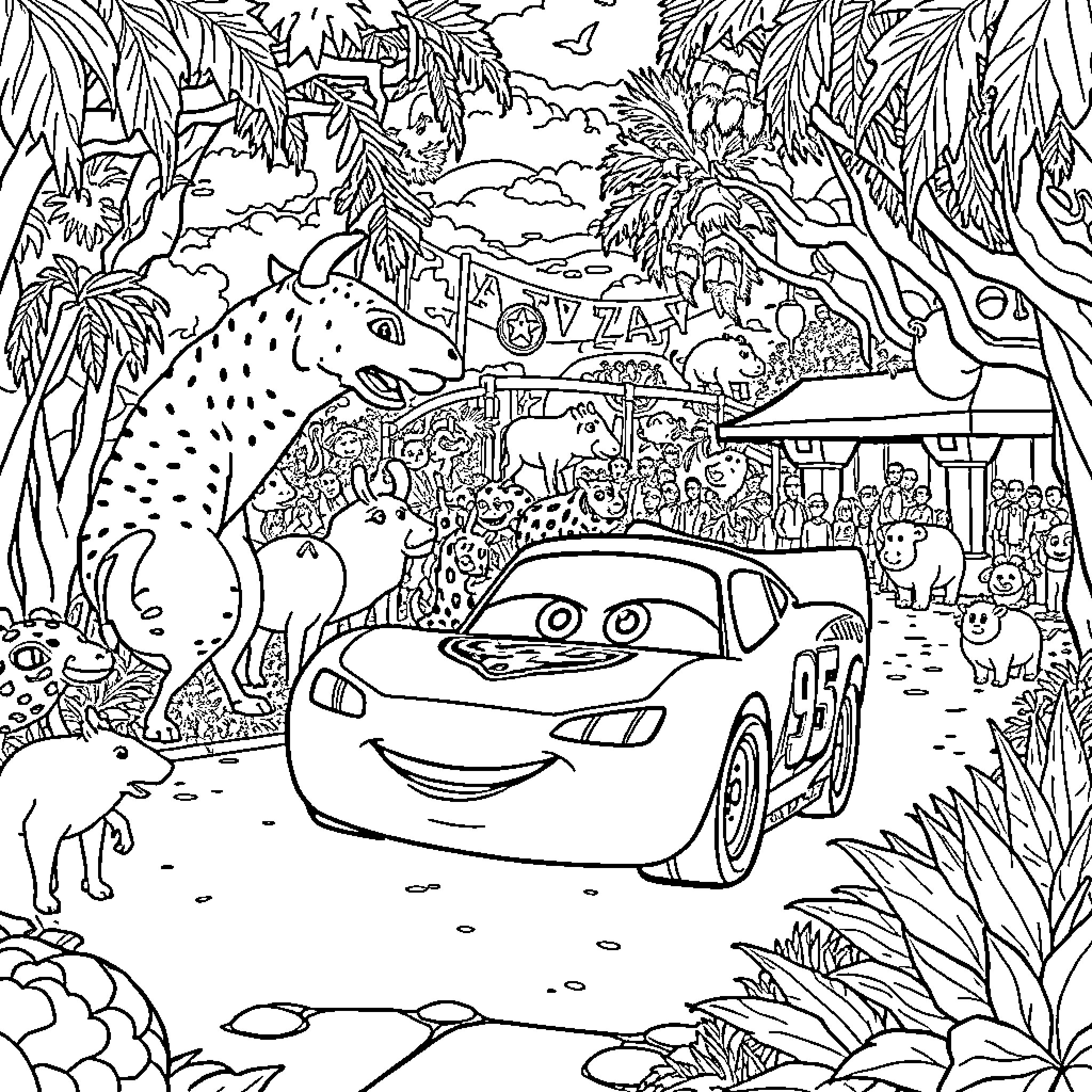 Lightning McQueen's Tropical Adventure Coloring Page (free black-and-white line drawing printable PDF for all, from beginners to advanced learners, including children, teens, adults, and seniors)