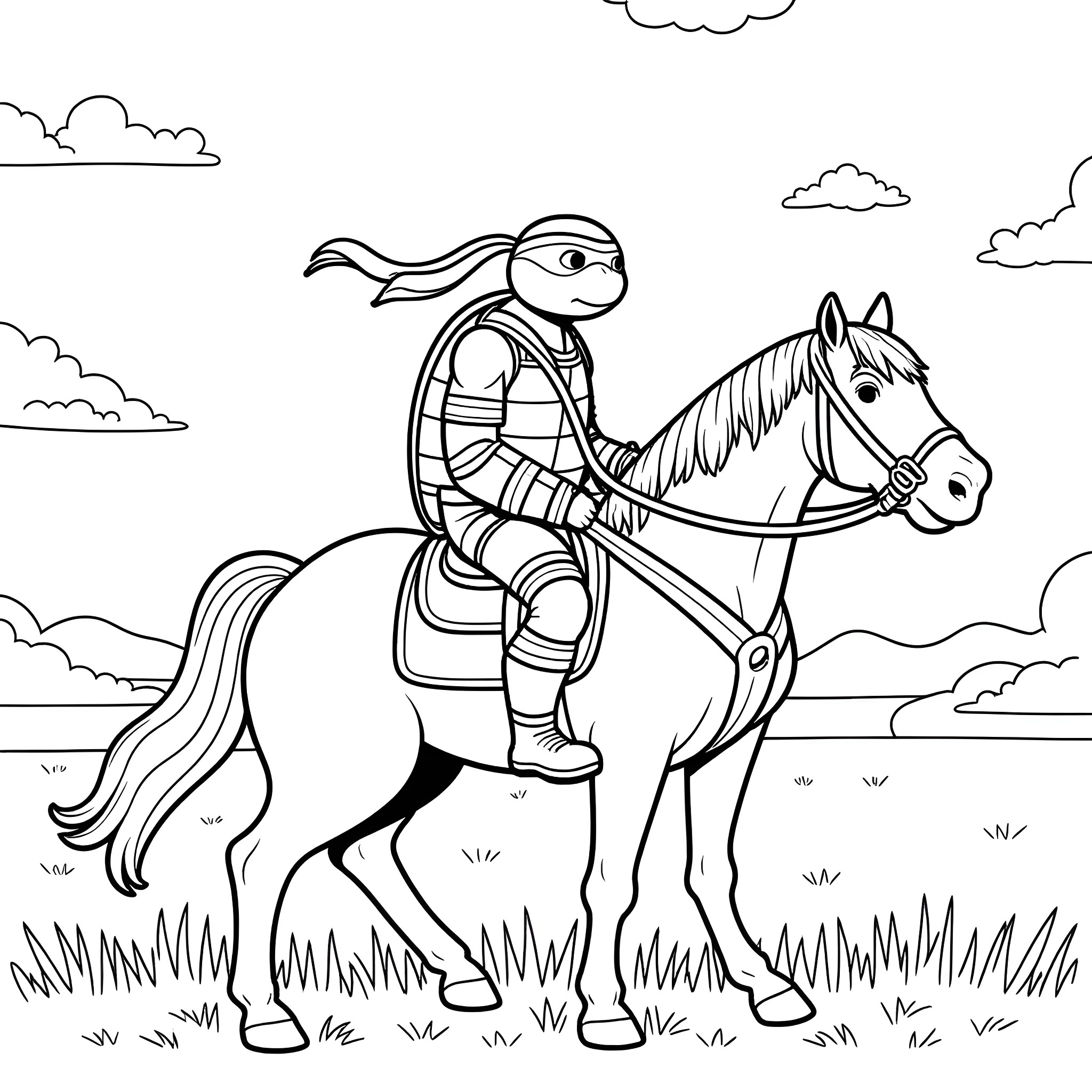 Ninja Turtle riding a horse through the countryside Coloring Page (free black-and-white line drawing printable PDF for all, from beginners to advanced learners, including children, teens, adults, and seniors)