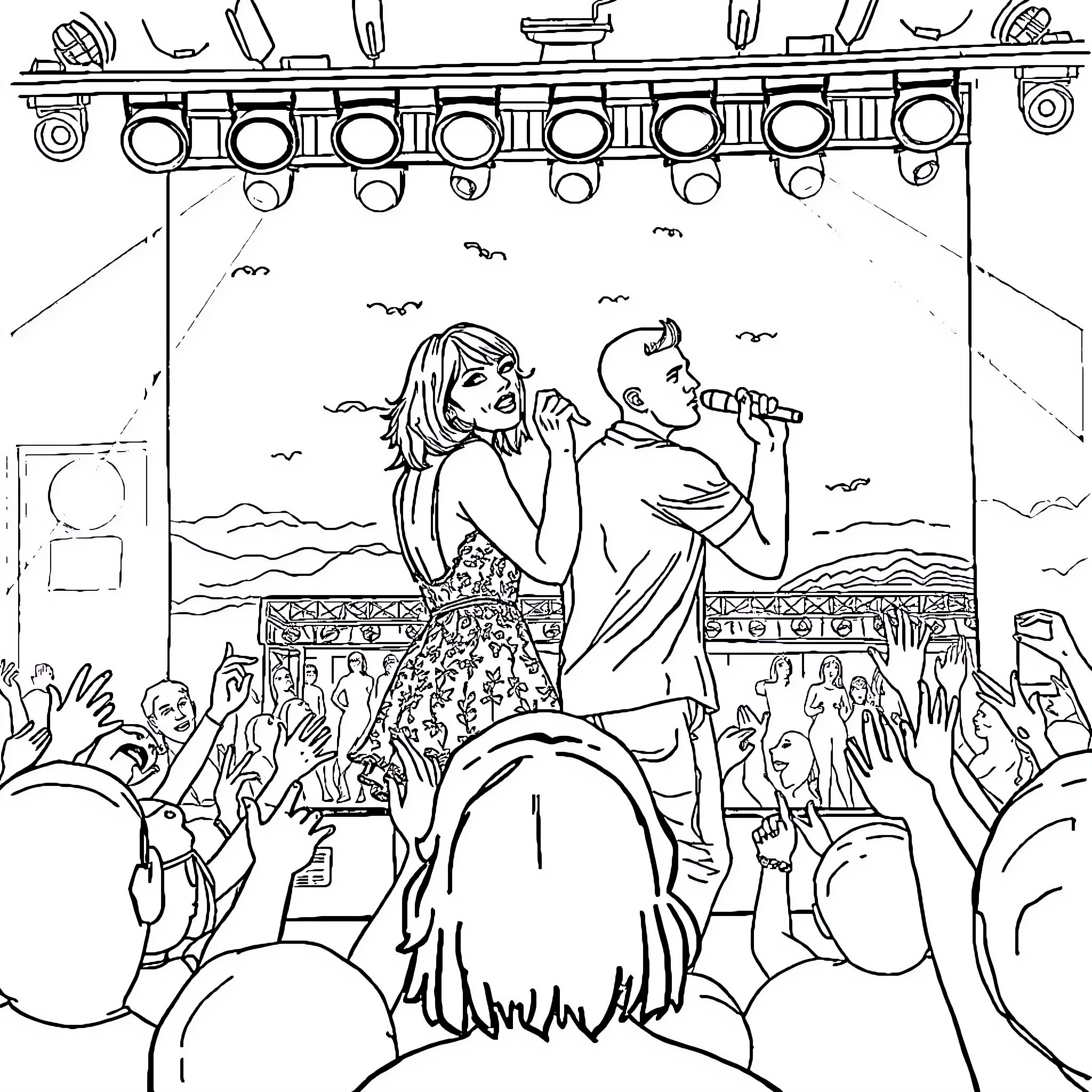 Taylor Swift performing on stage with a crowd Coloring Page (free black-and-white line drawing printable PDF for all, from beginners to advanced learners, including children, teens, adults, and seniors)